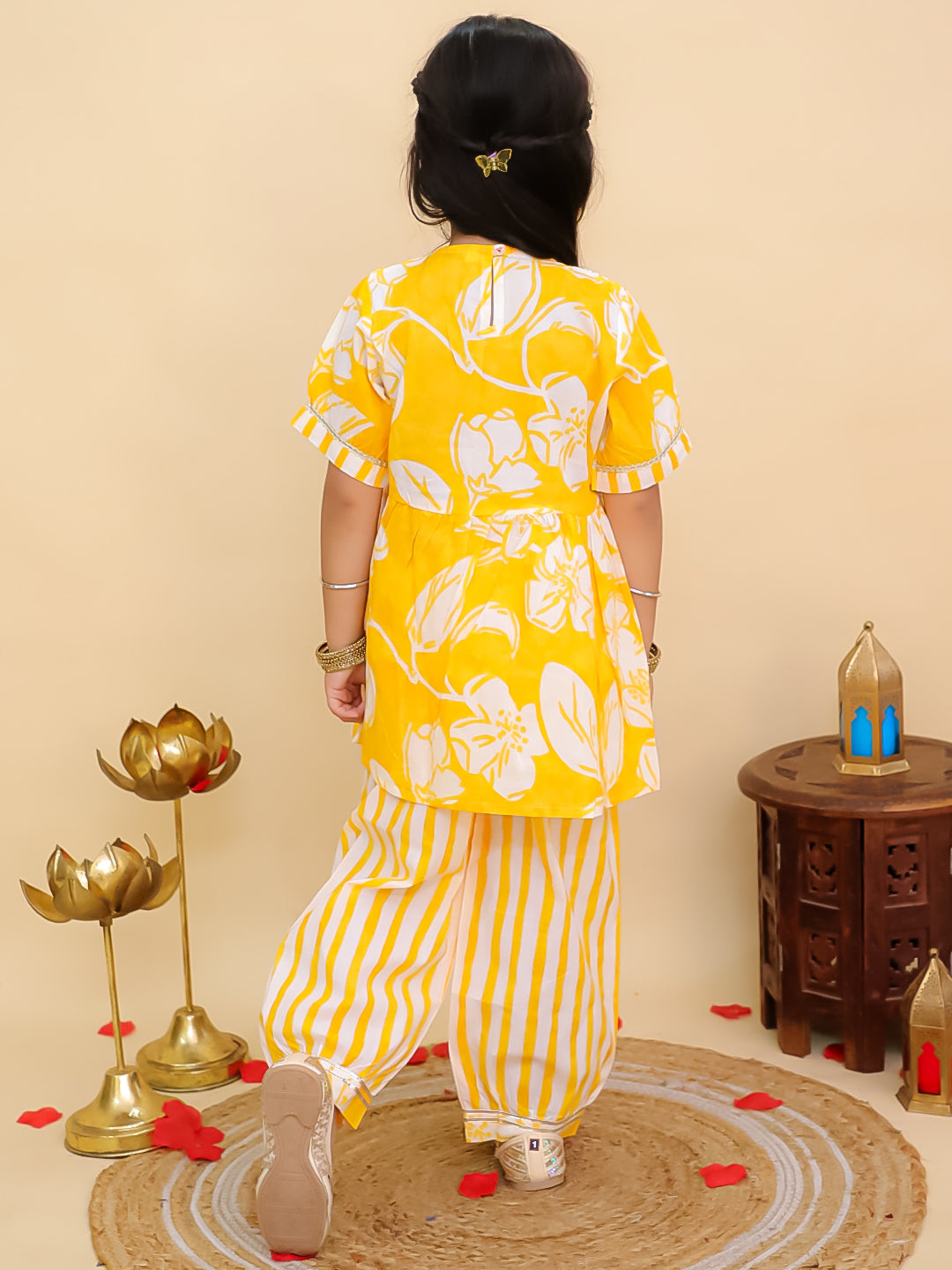 Yellow Cotton 3/4th Sleeves Floral Print Girls Suit Set - AJ Dezines