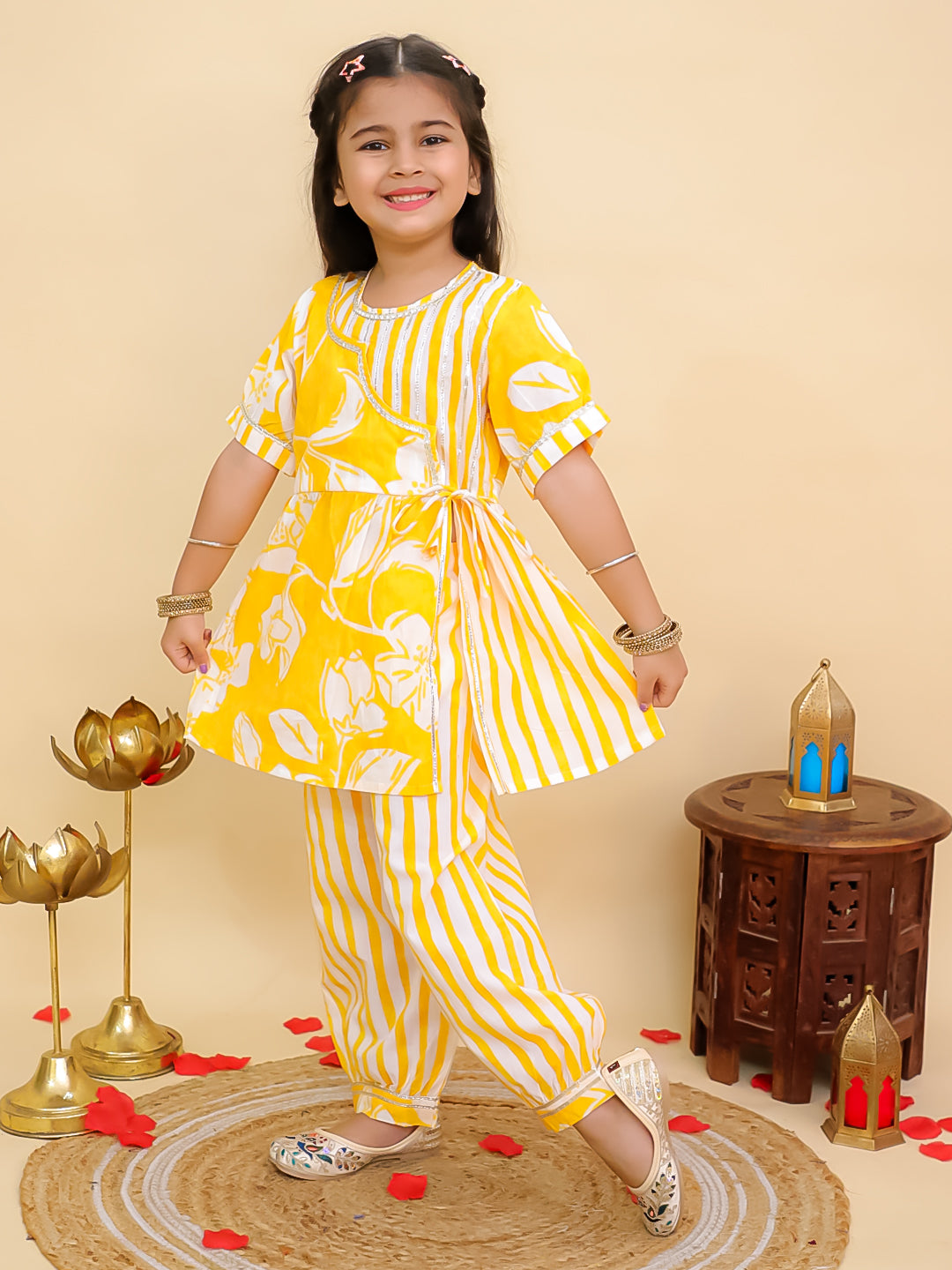 Yellow Cotton 3/4th Sleeves Floral Print Girls Suit Set - AJ Dezines