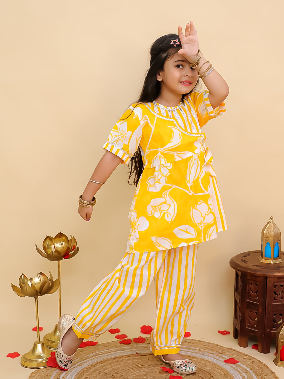 Yellow Cotton 3/4th Sleeves Floral Print Girls Suit Set - AJ Dezines