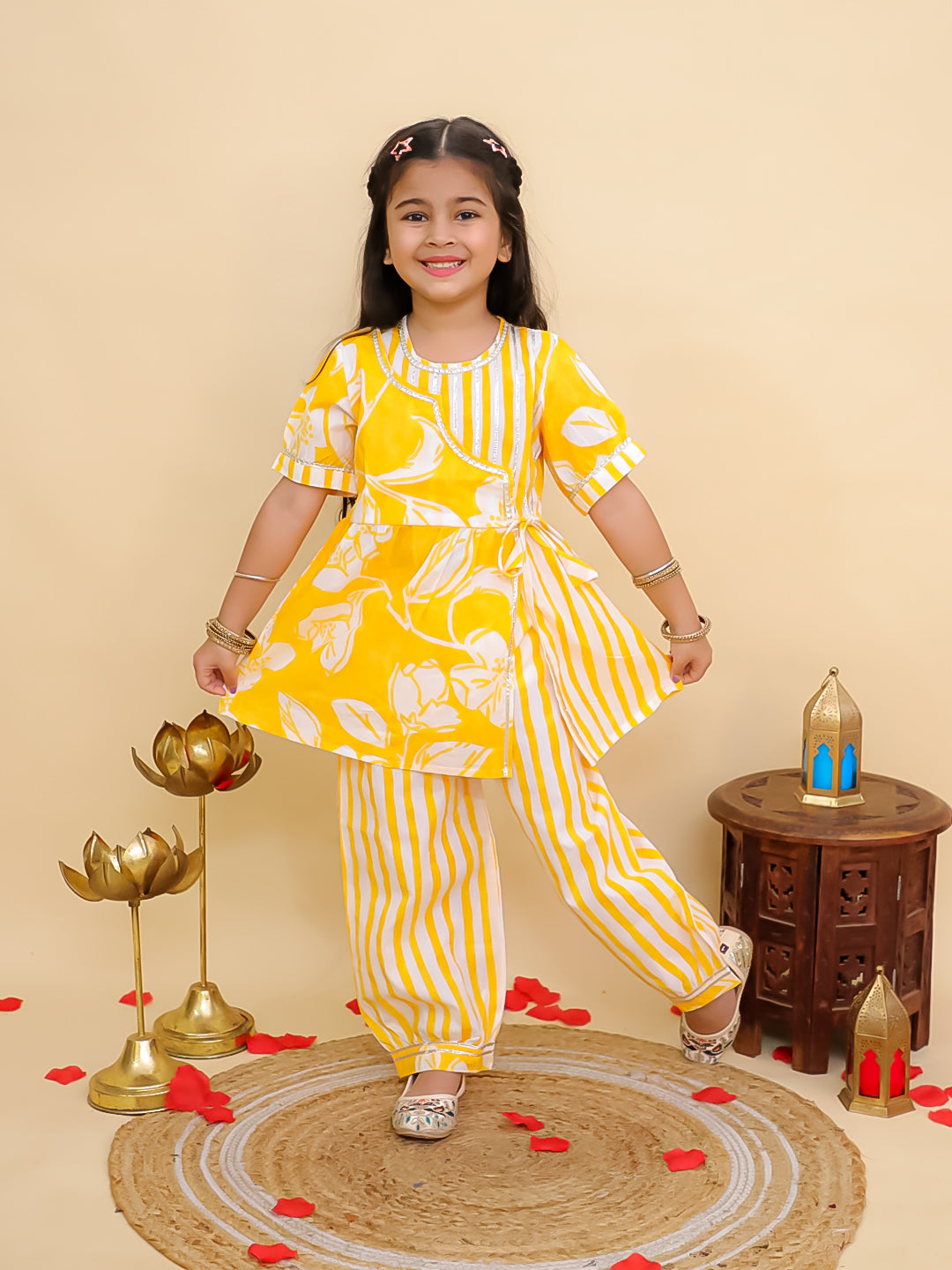 Yellow Cotton 3/4th Sleeves Floral Print Girls Suit Set - AJ Dezines