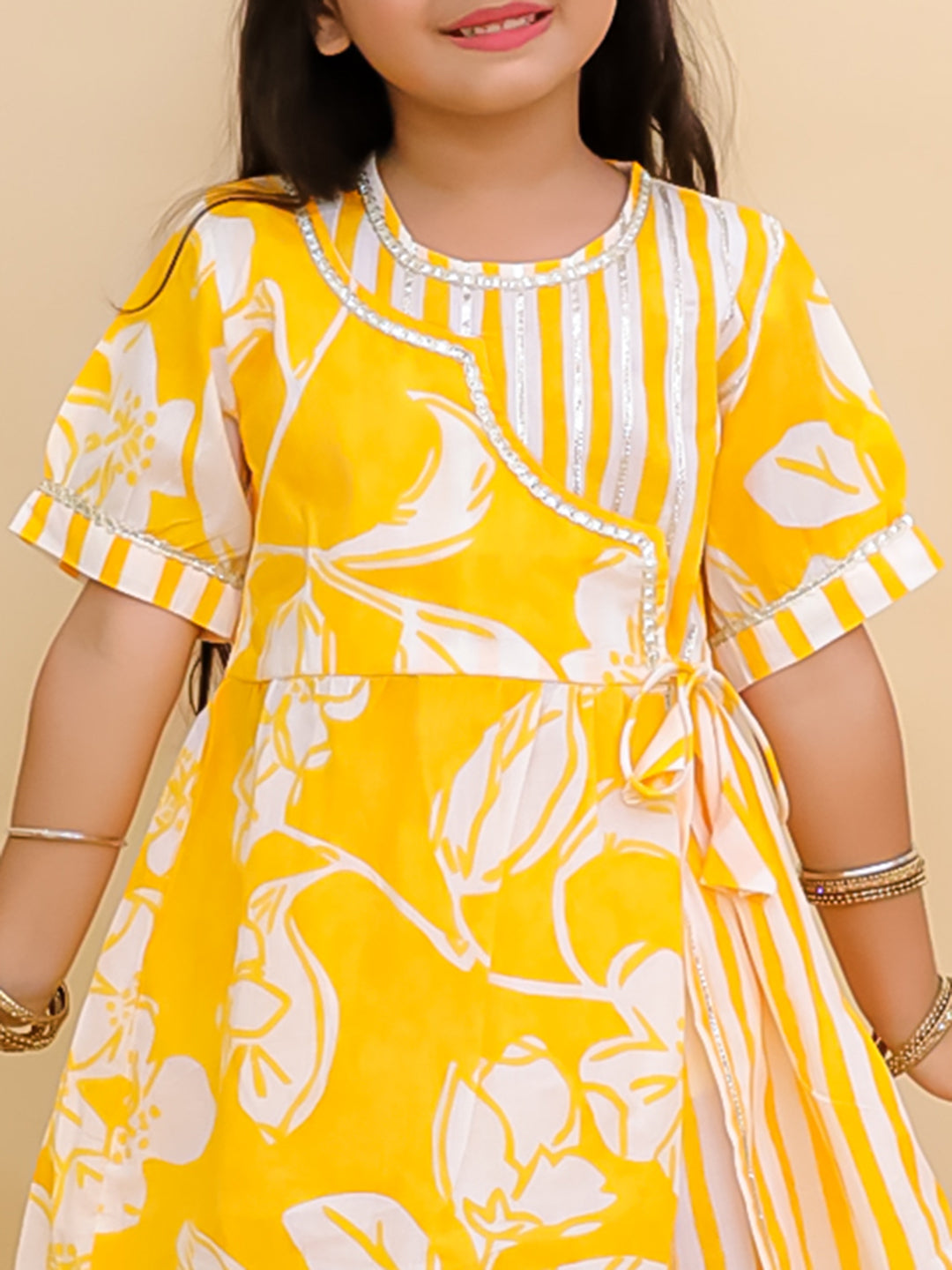Yellow Cotton 3/4th Sleeves Floral Print Girls Suit Set - AJ Dezines