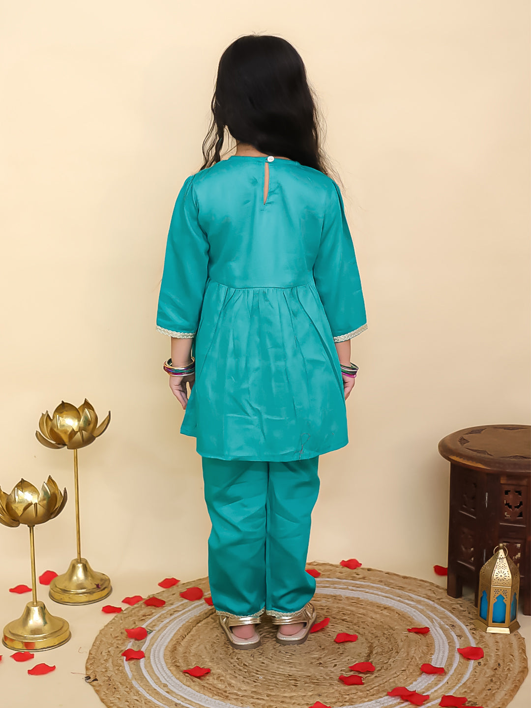 Blue Cotton 3/4th Sleeves Solid Girls Suit Set - AJ Dezines