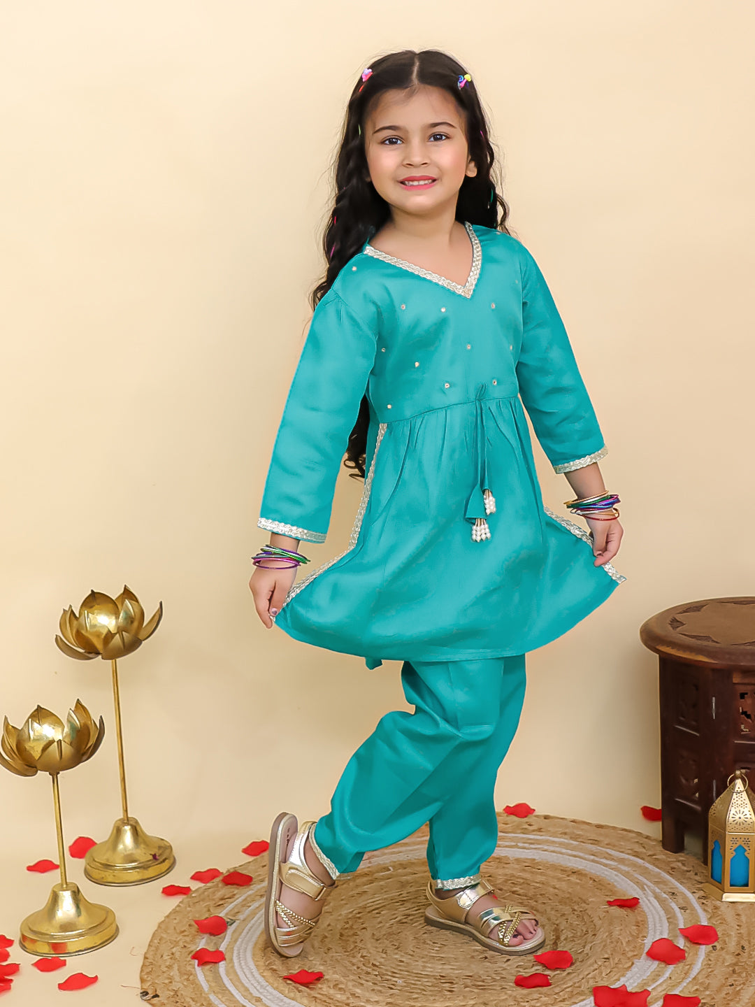 Blue Cotton 3/4th Sleeves Solid Girls Suit Set - AJ Dezines