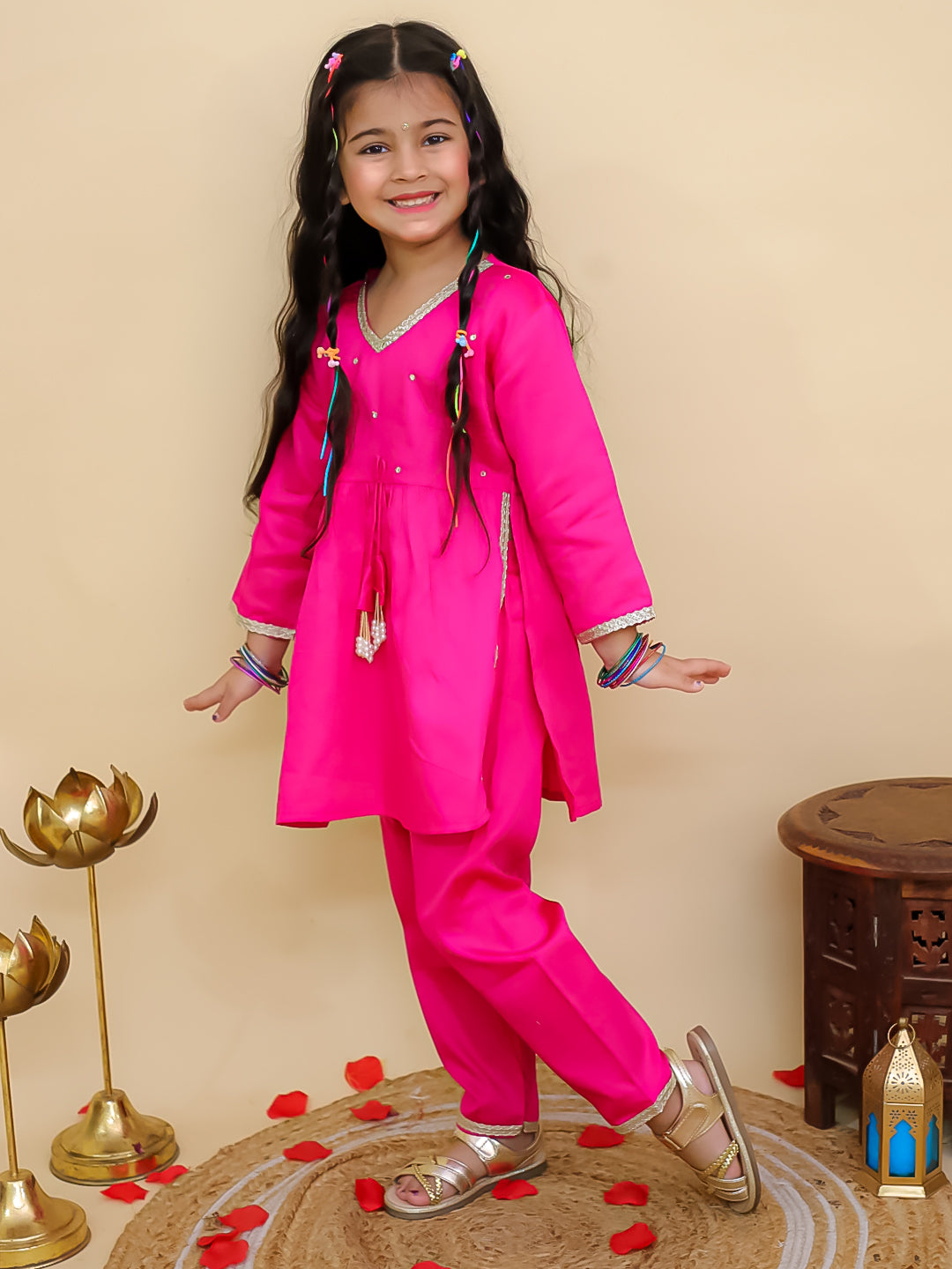 Pink Cotton 3/4th Sleeves Solid Girls Suit Set - AJ Dezines