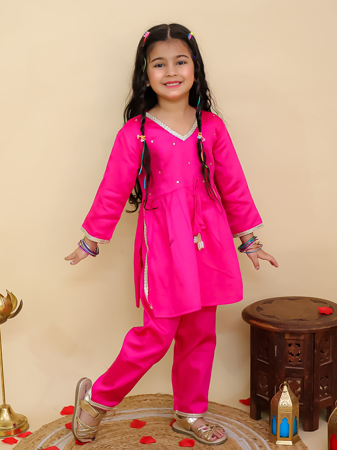 Pink Cotton 3/4th Sleeves Solid Girls Suit Set - AJ Dezines