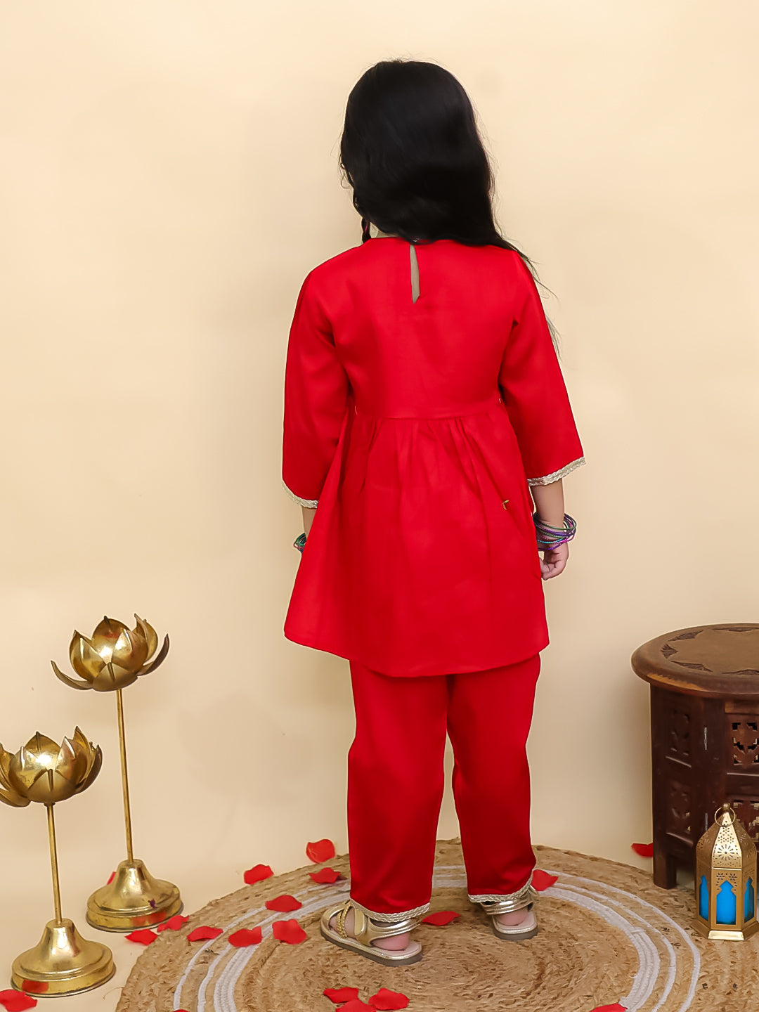 Red Cotton 3/4th Sleeves Solid Girls Suit Set - AJ Dezines