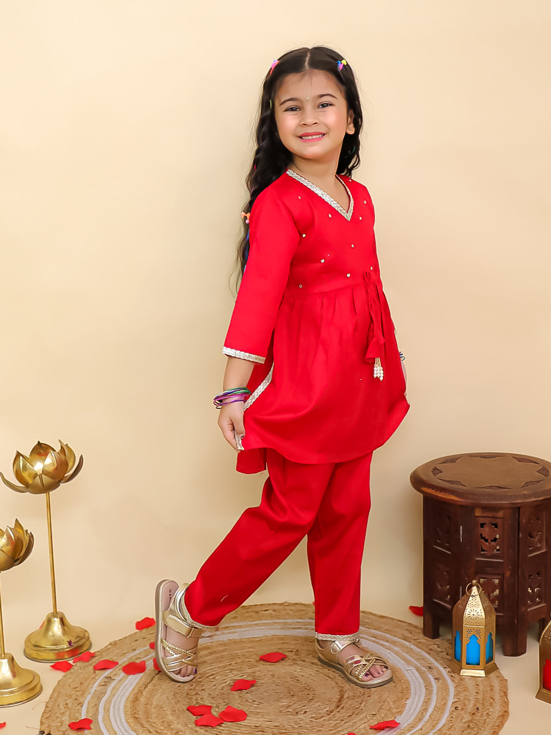 Red Cotton 3/4th Sleeves Solid Girls Suit Set - AJ Dezines