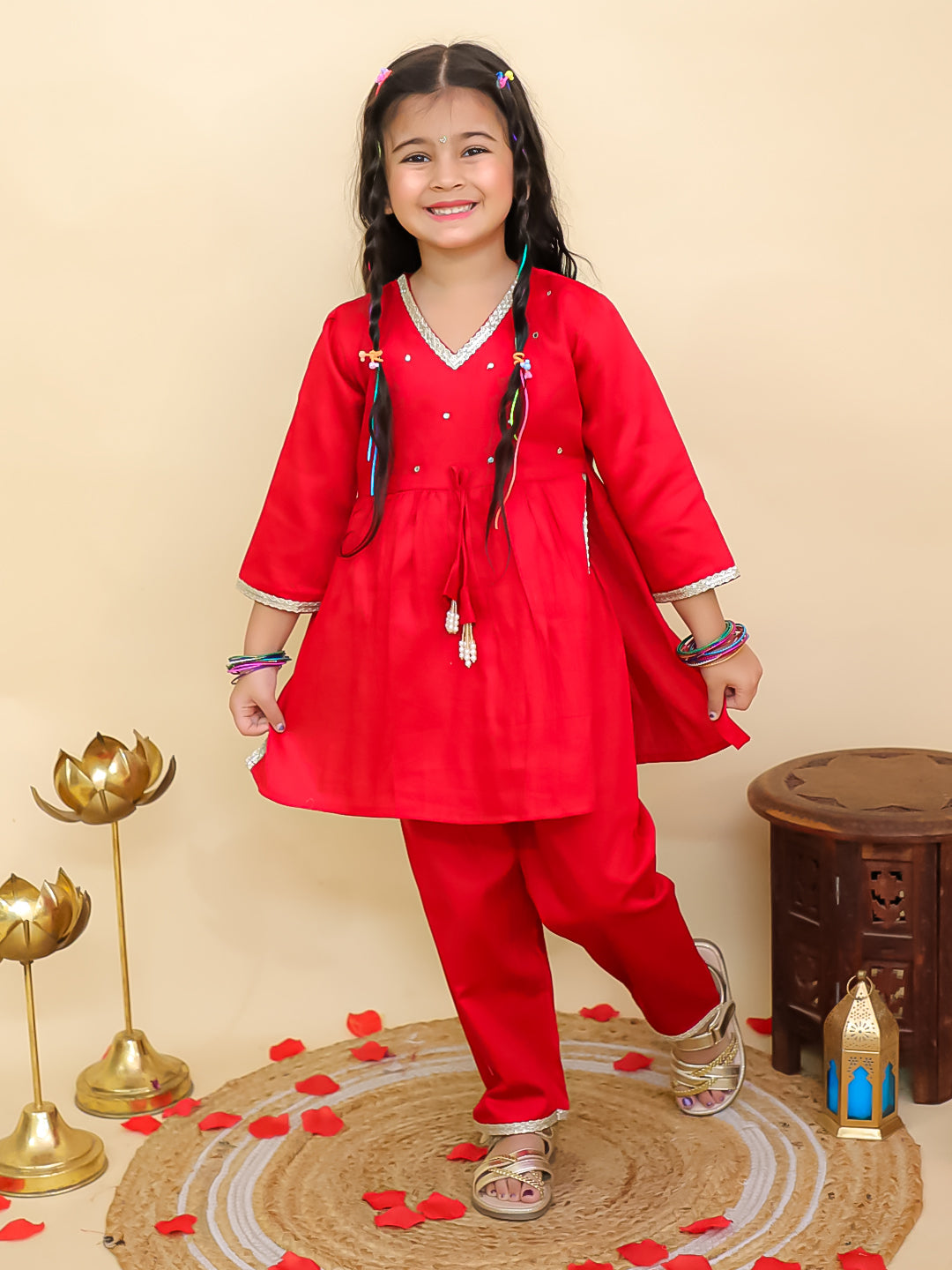 Red Cotton 3/4th Sleeves Solid Girls Suit Set - AJ Dezines