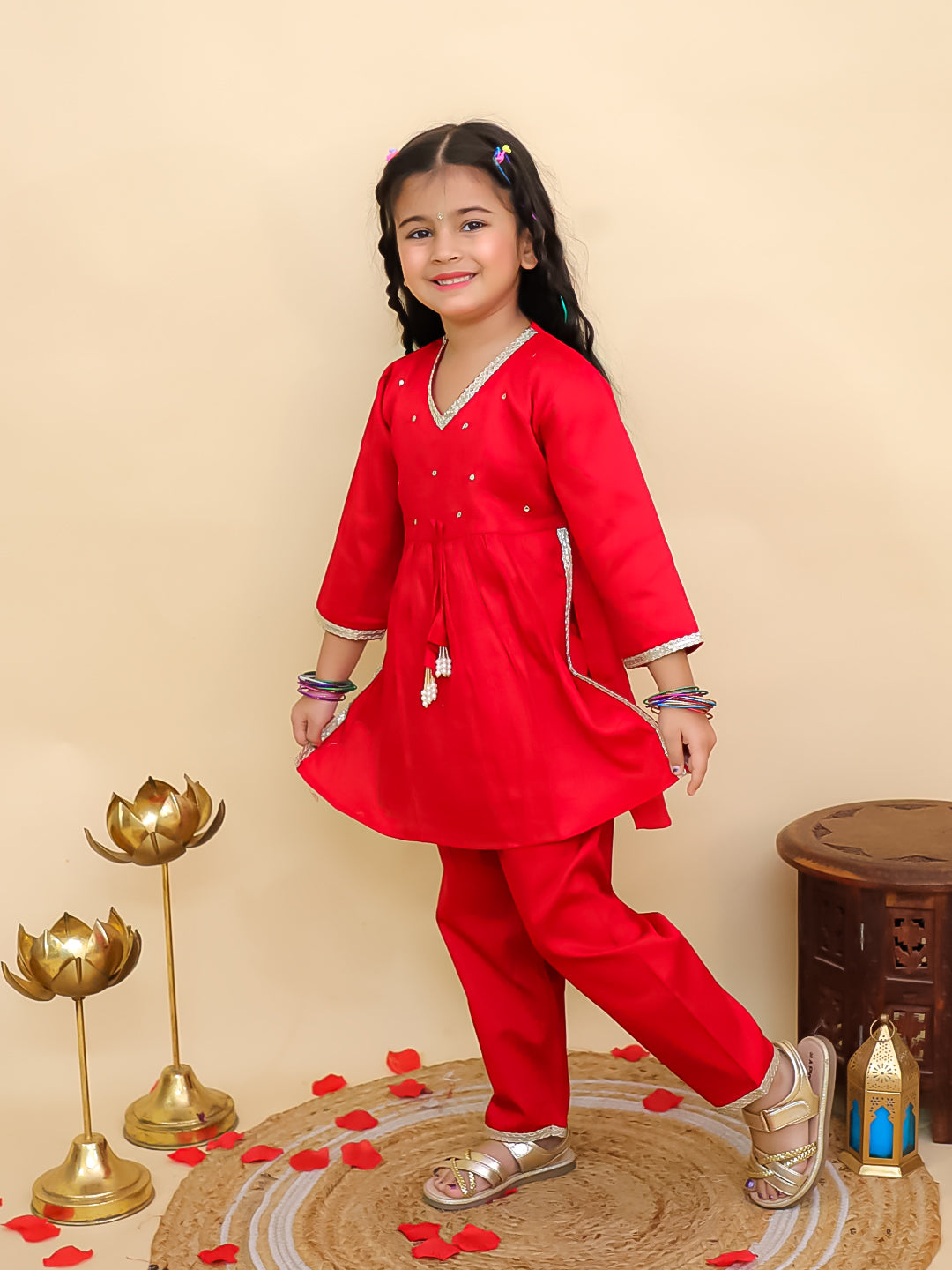 Red Cotton 3/4th Sleeves Solid Girls Suit Set - AJ Dezines