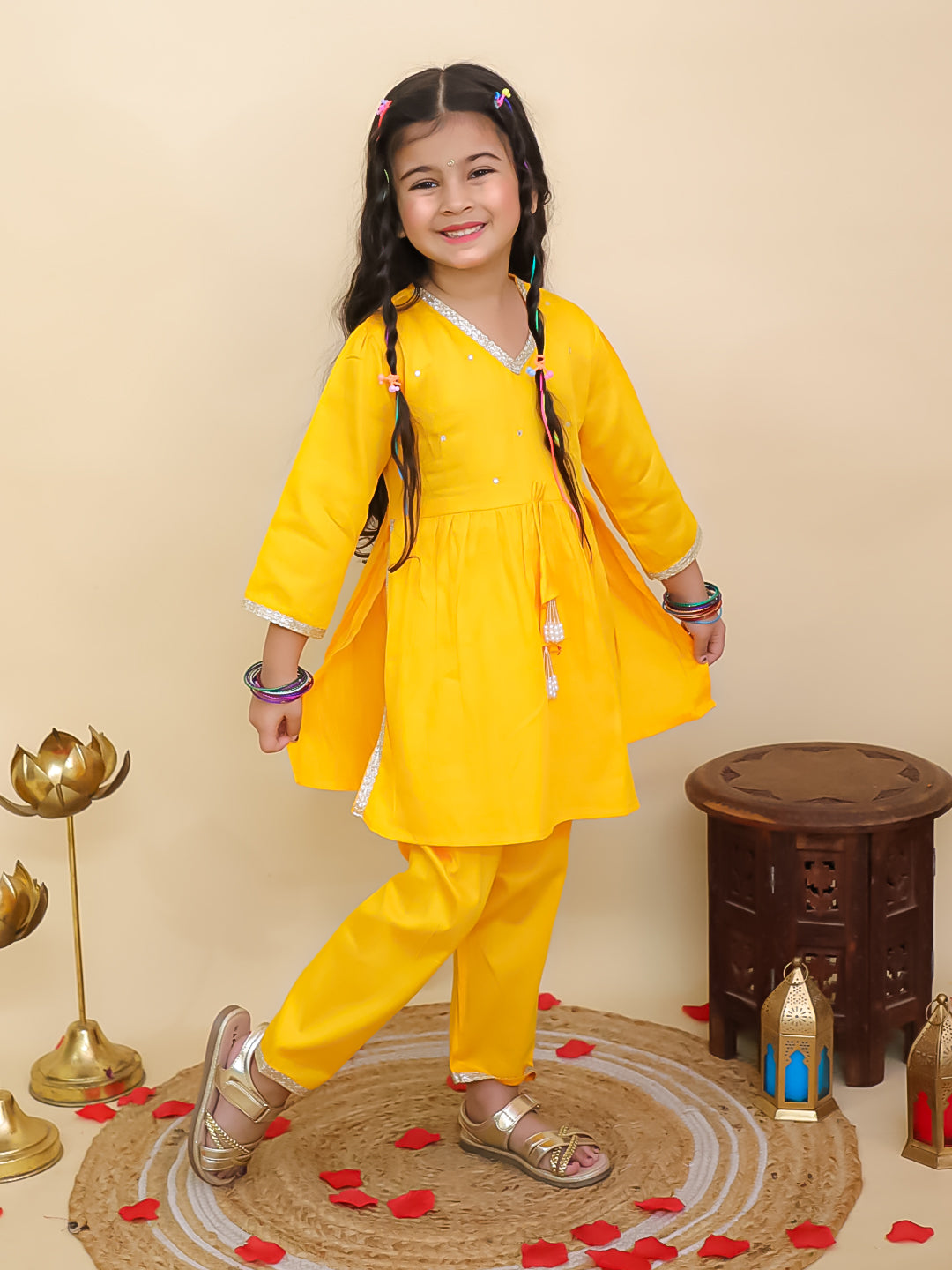 Yellow Cotton 3/4th Sleeves Solid Girls Suit Set - AJ Dezines