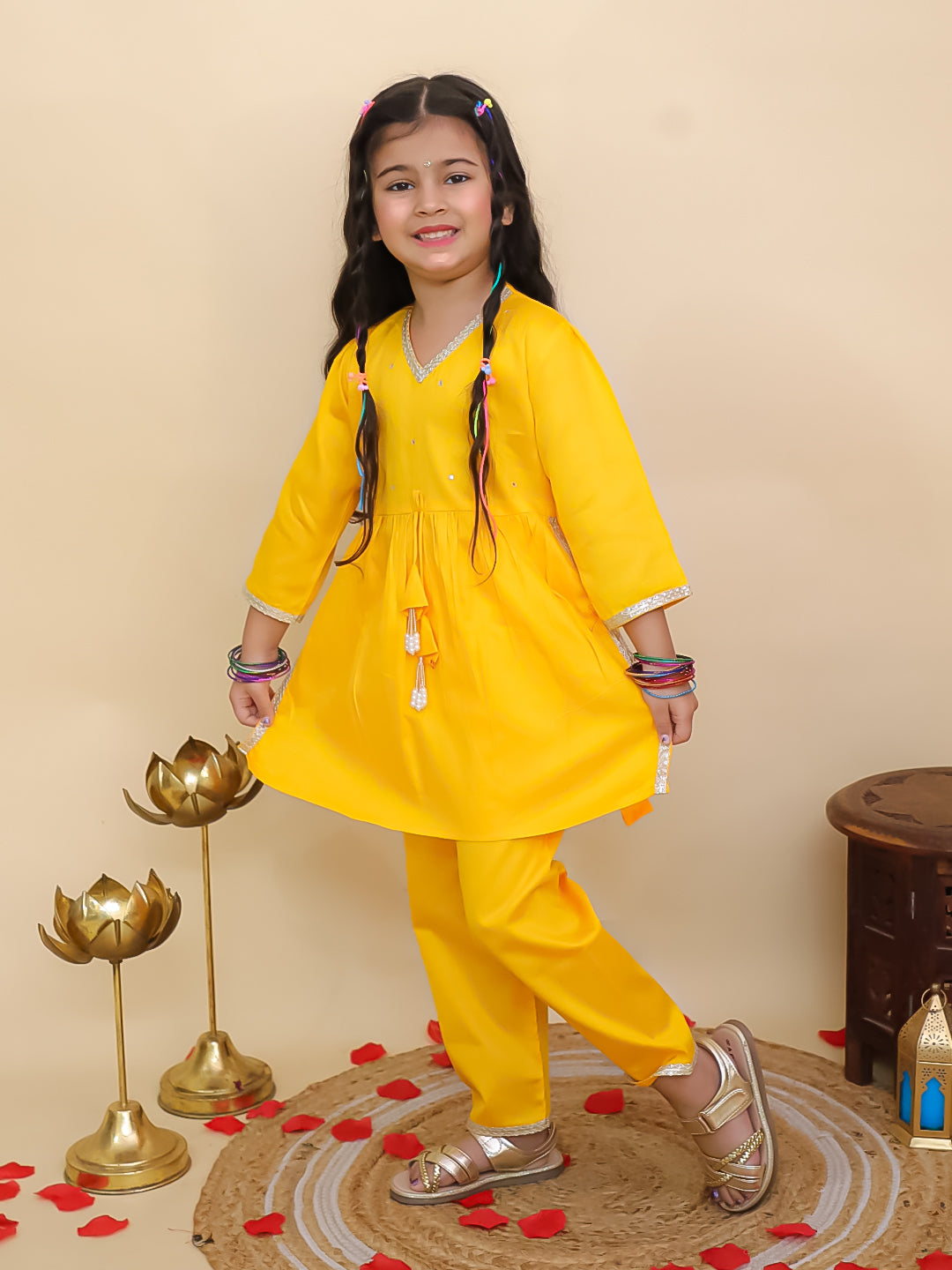 Yellow Cotton 3/4th Sleeves Solid Girls Suit Set - AJ Dezines