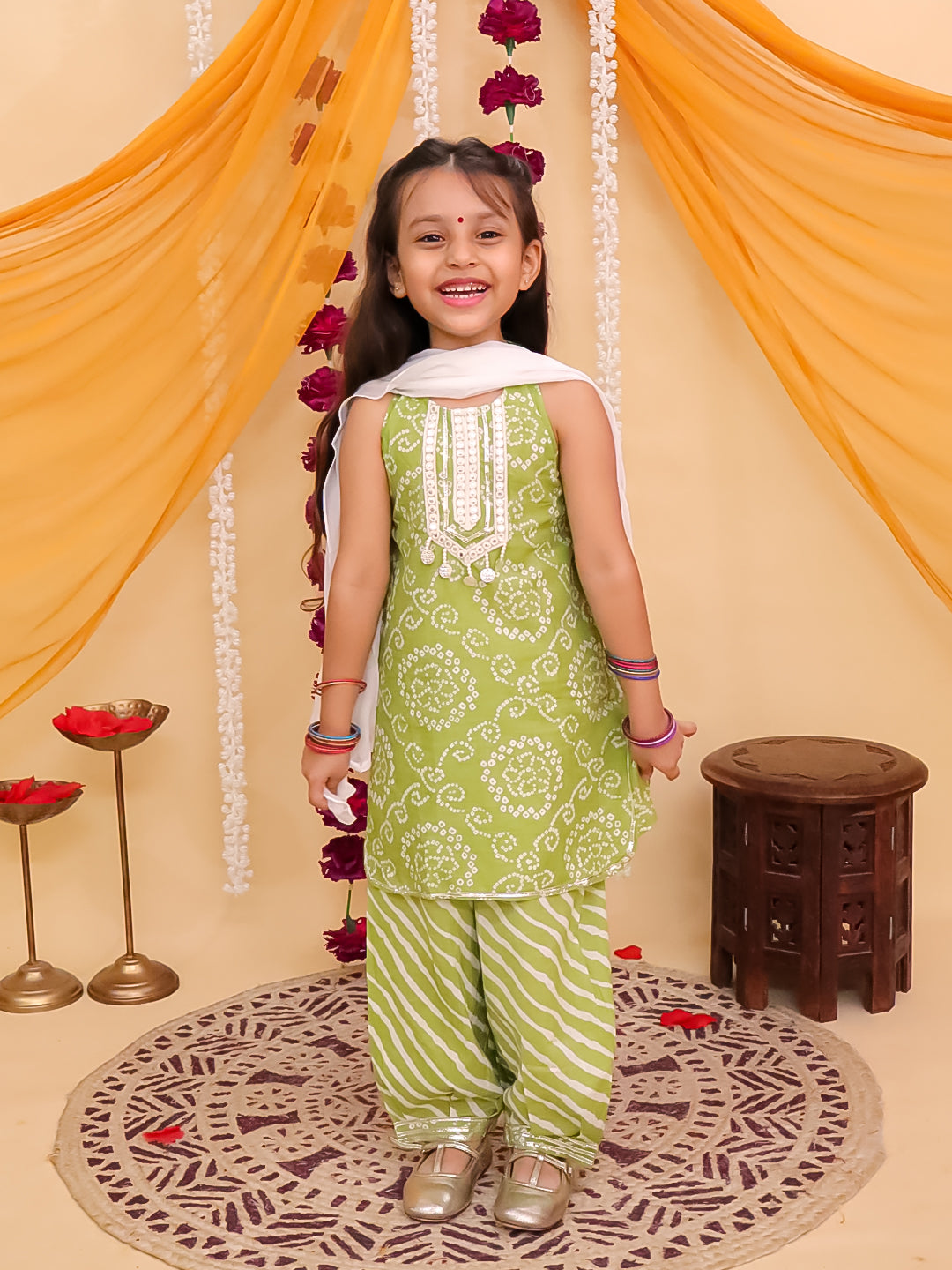 Green Cotton Sleeveless Floral Printed with Lace Girls Suit Set - AJ Dezines