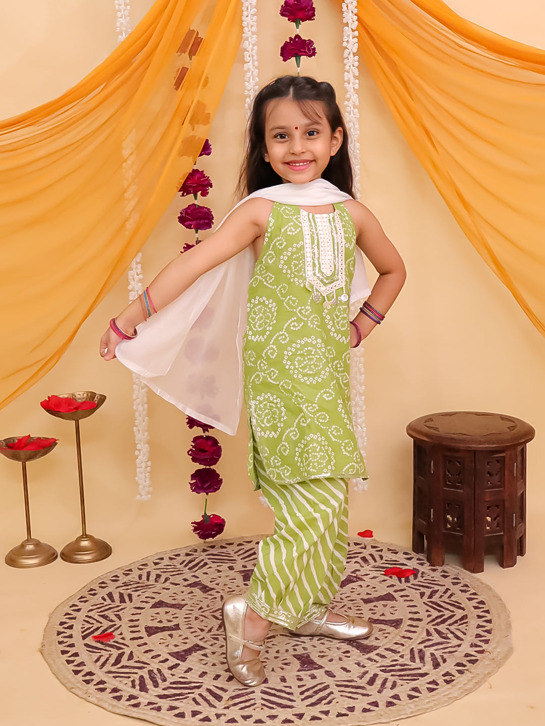 Green Cotton Sleeveless Floral Printed with Lace Girls Suit Set - AJ Dezines