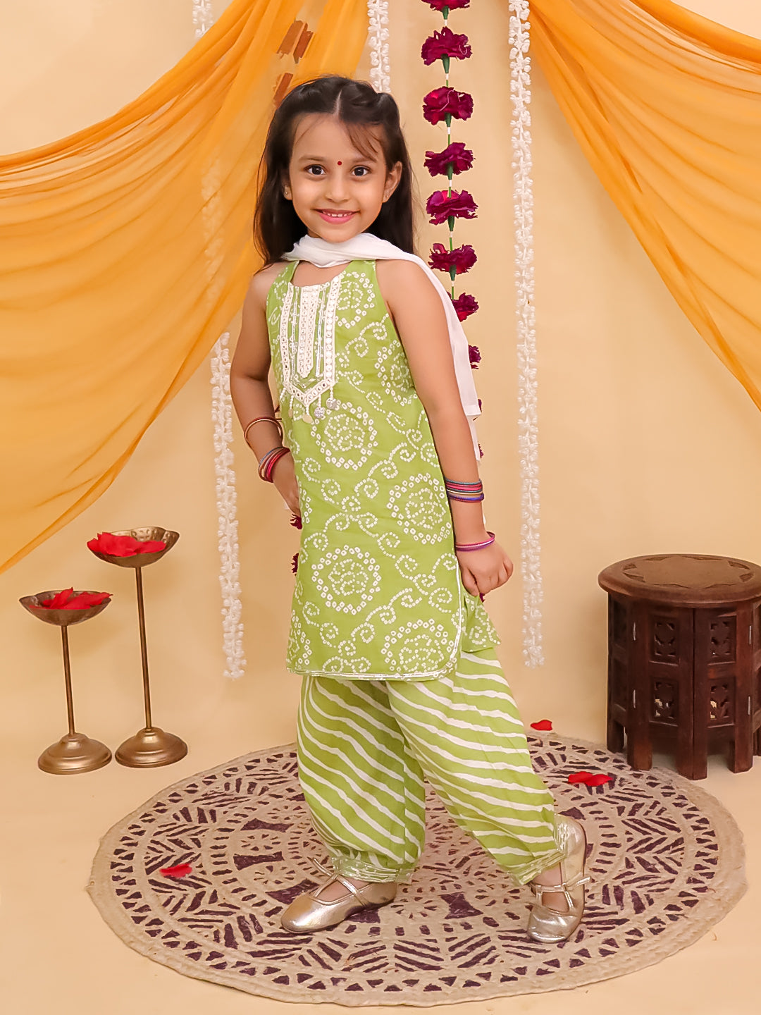 Green Cotton Sleeveless Floral Printed with Lace Girls Suit Set - AJ Dezines