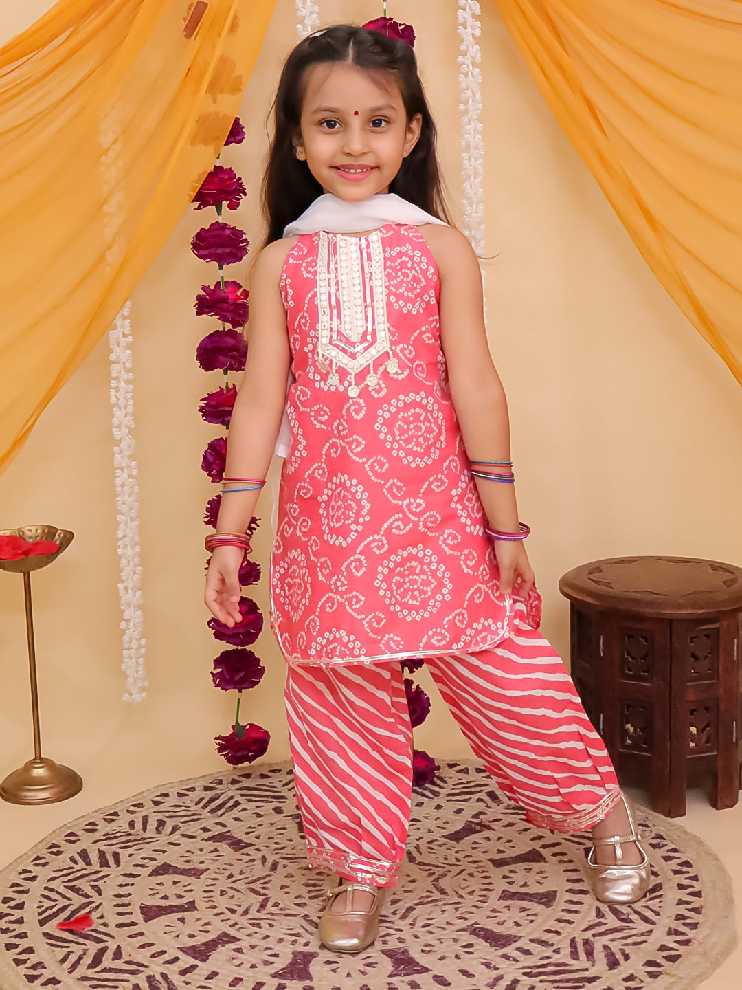 Red Cotton Sleeveless Floral Printed with Lace Girls Suit Set - AJ Dezines