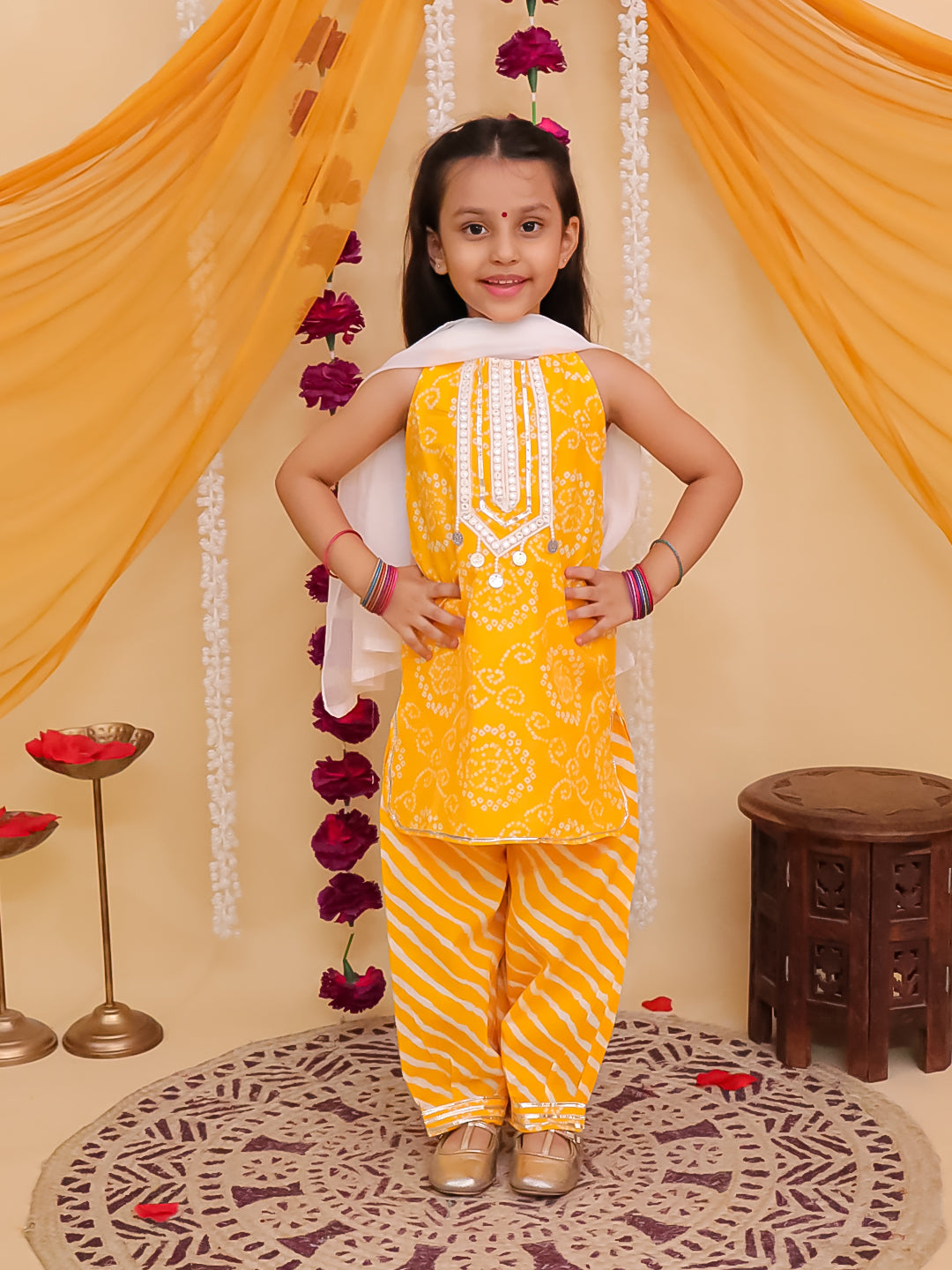Yellow Cotton Sleeveless Floral Printed with Lace Girls Suit Set - AJ Dezines