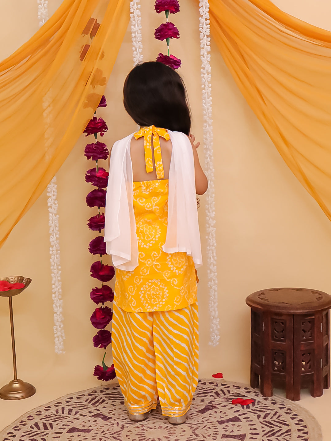 Yellow Cotton Sleeveless Floral Printed with Lace Girls Suit Set - AJ Dezines