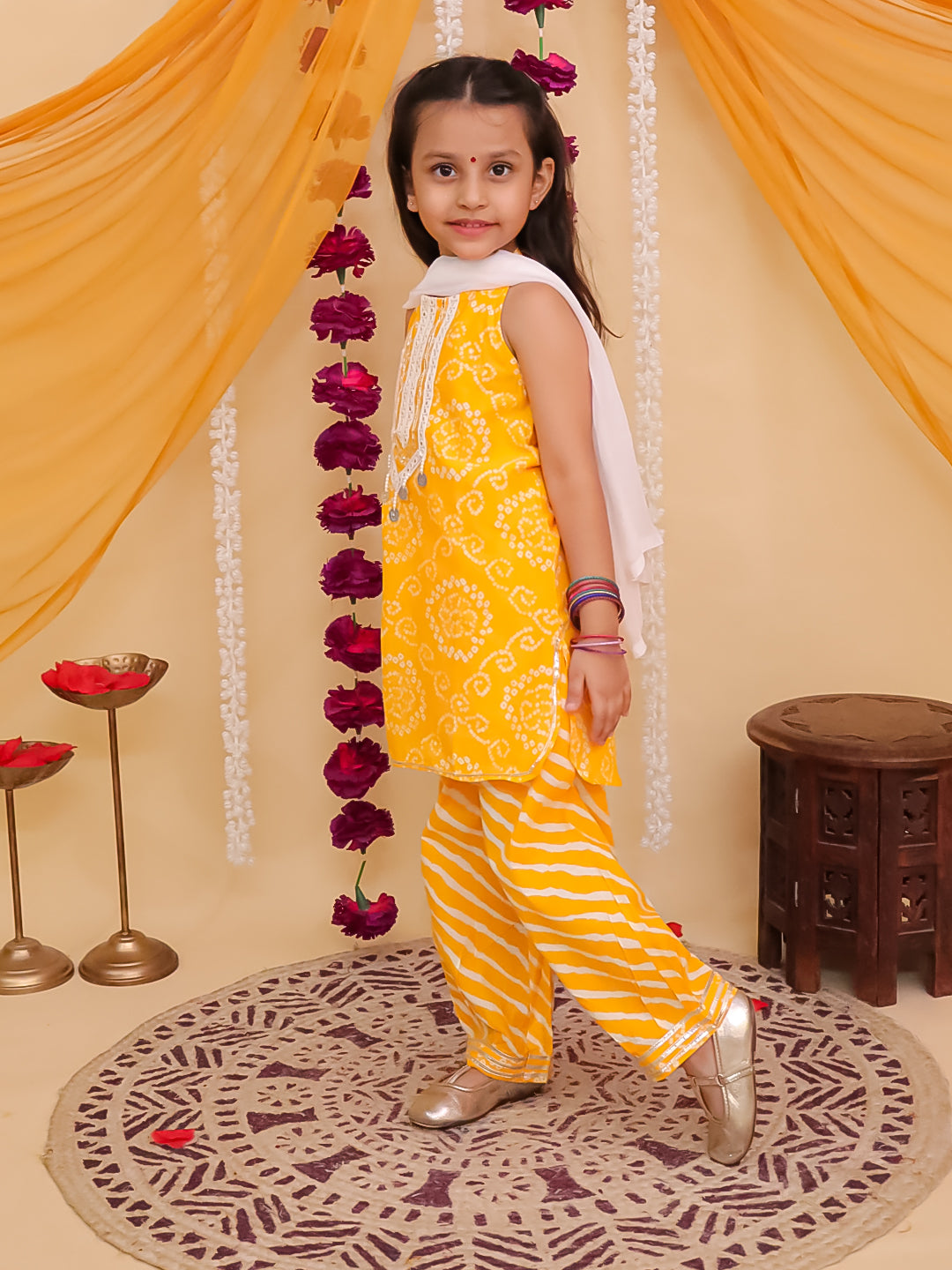 Yellow Cotton Sleeveless Floral Printed with Lace Girls Suit Set - AJ Dezines
