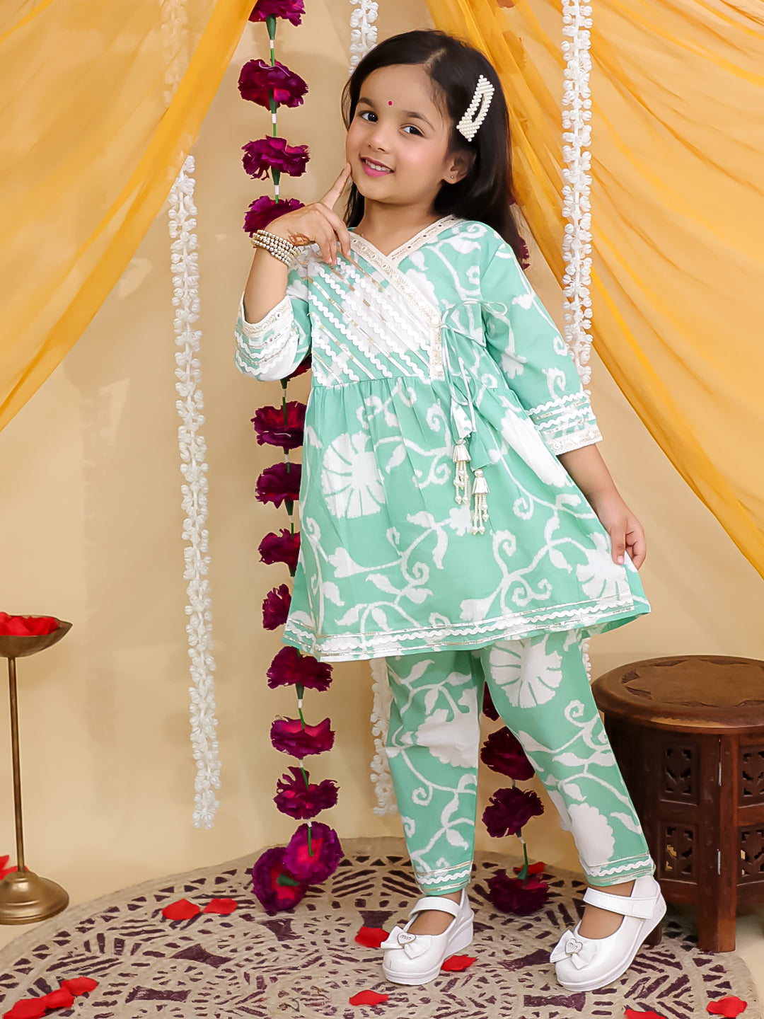 Girls Green Cotton 3/4th Sleeves Floral Printed with Lace Girls Suit Set - AJ Dezines