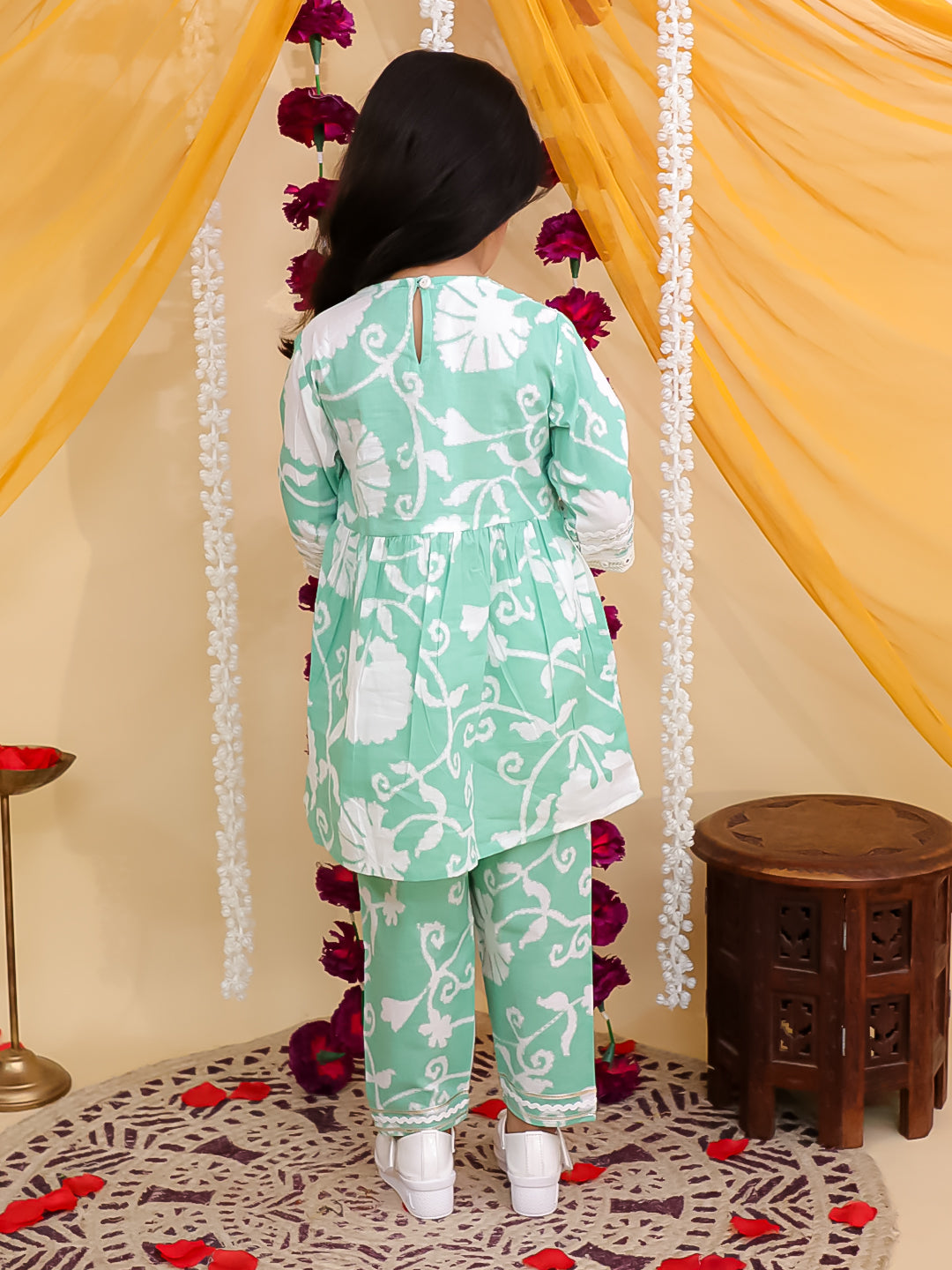 Girls Green Cotton 3/4th Sleeves Floral Printed with Lace Girls Suit Set - AJ Dezines