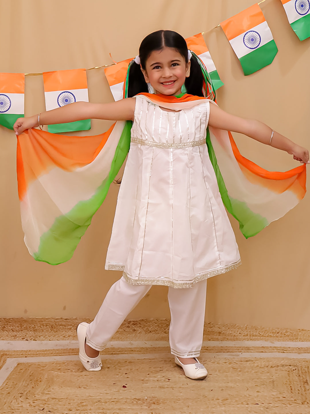 Holi White Cotton Sleeveless Gotta Work Girls Suit Set For Independence Day/ Republic Day - AJ Dezines