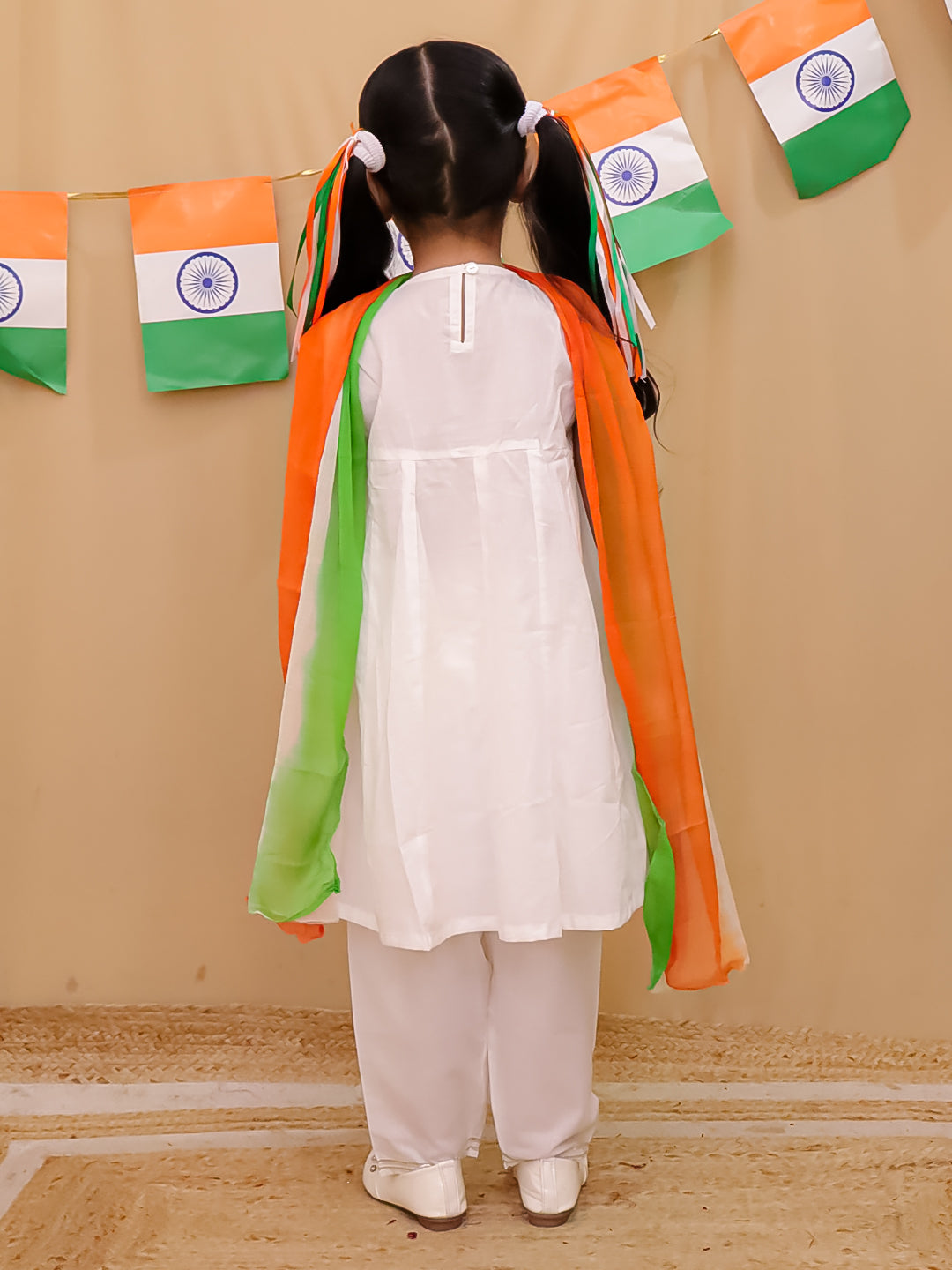 Holi White Cotton Sleeveless Gotta Work Girls Suit Set For Independence Day/ Republic Day - AJ Dezines