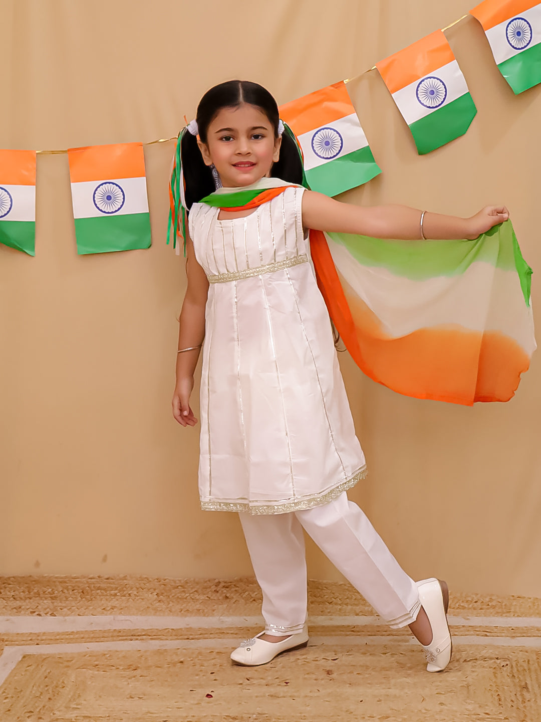 Holi White Cotton Sleeveless Gotta Work Girls Suit Set For Independence Day/ Republic Day - AJ Dezines