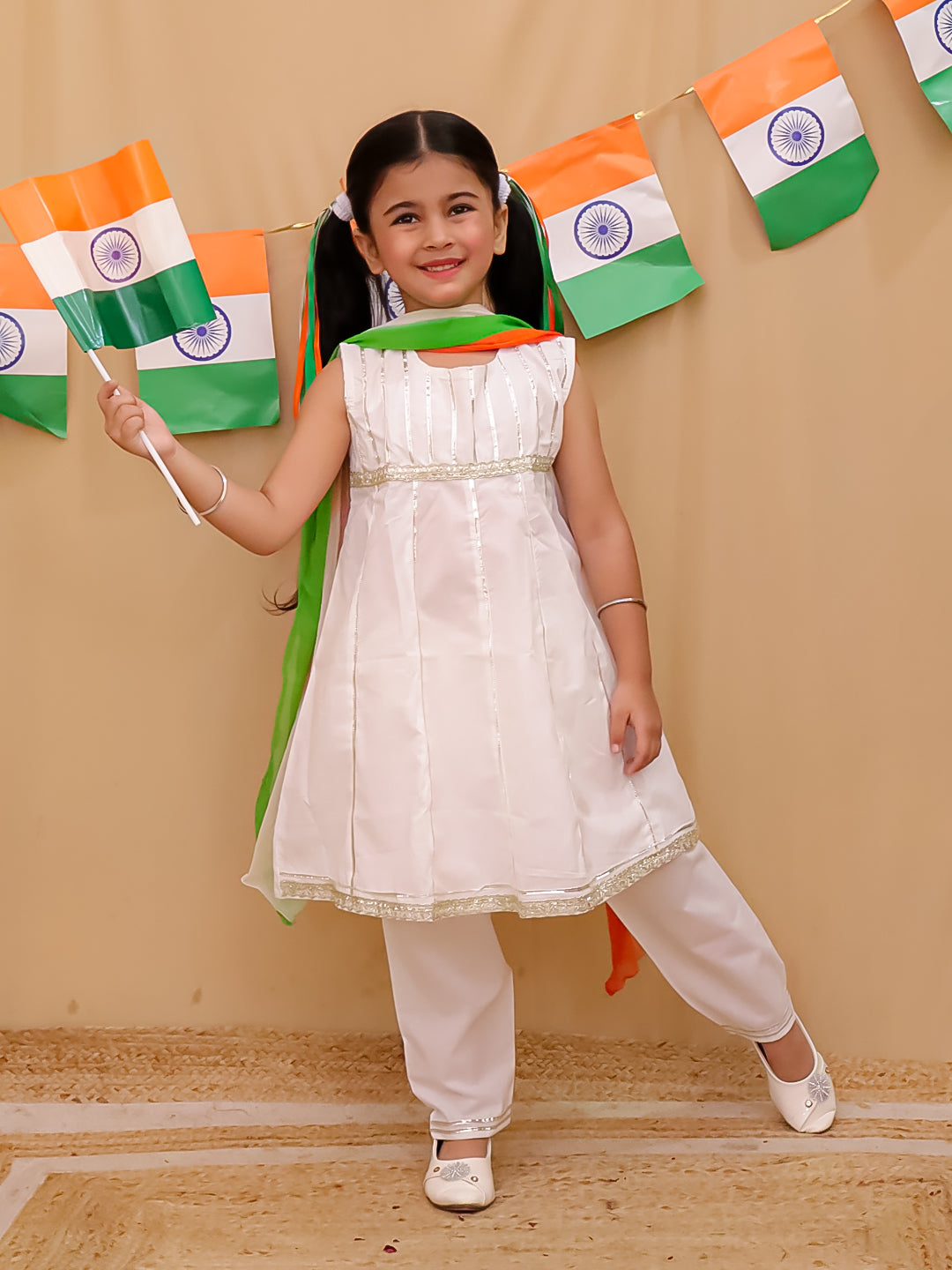 Holi White Cotton Sleeveless Gotta Work Girls Suit Set For Independence Day/ Republic Day - AJ Dezines