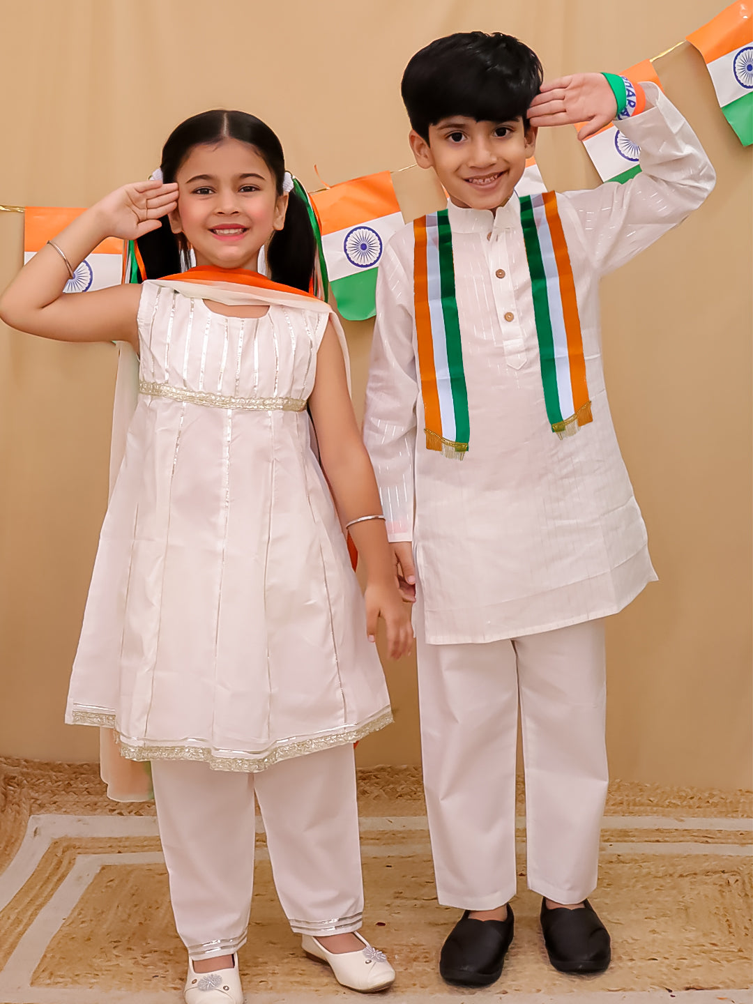 Holi White Cotton Sleeveless Gotta Work Girls Suit Set For Independence Day/ Republic Day - AJ Dezines