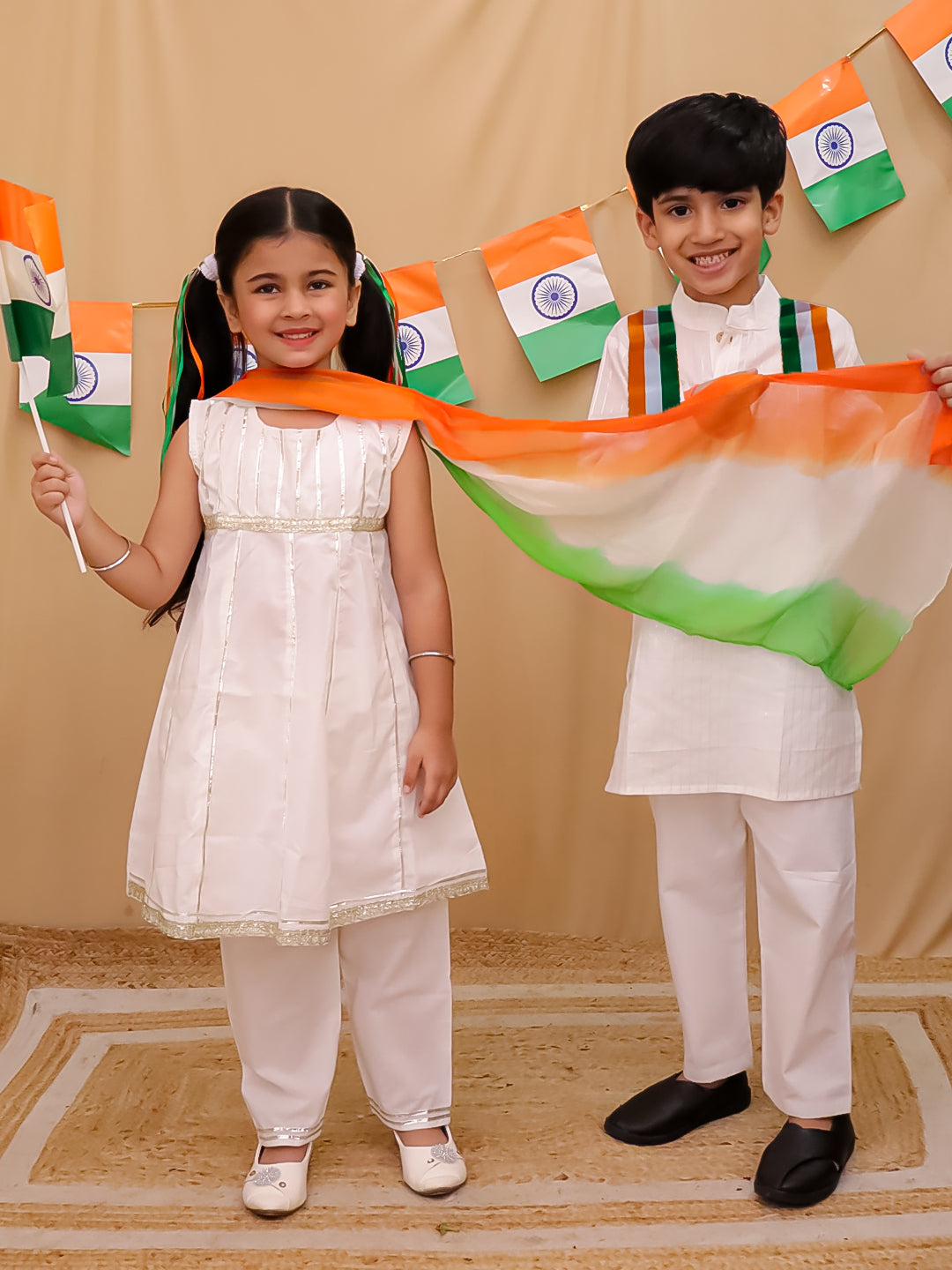 Holi White Cotton Sleeveless Gotta Work Girls Suit Set For Independence Day/ Republic Day - AJ Dezines
