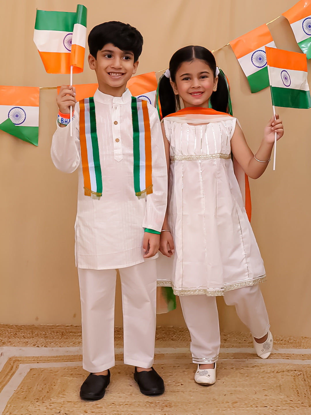 Holi White Cotton Sleeveless Gotta Work Girls Suit Set For Independence Day/ Republic Day - AJ Dezines