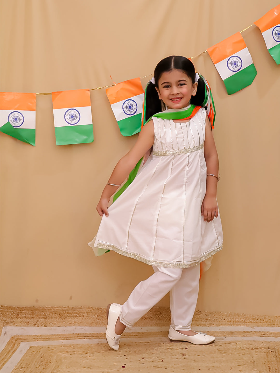 Holi White Cotton Sleeveless Gotta Work Girls Suit Set For Independence Day/ Republic Day - AJ Dezines