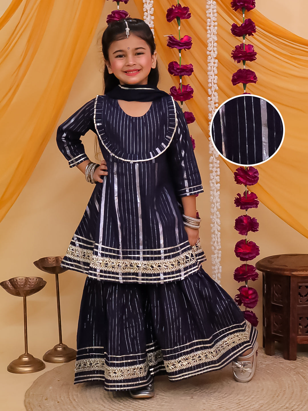 Girls Dark Blue Cotton Sleeveless Lurex and Gotta Work Girls Suit Set