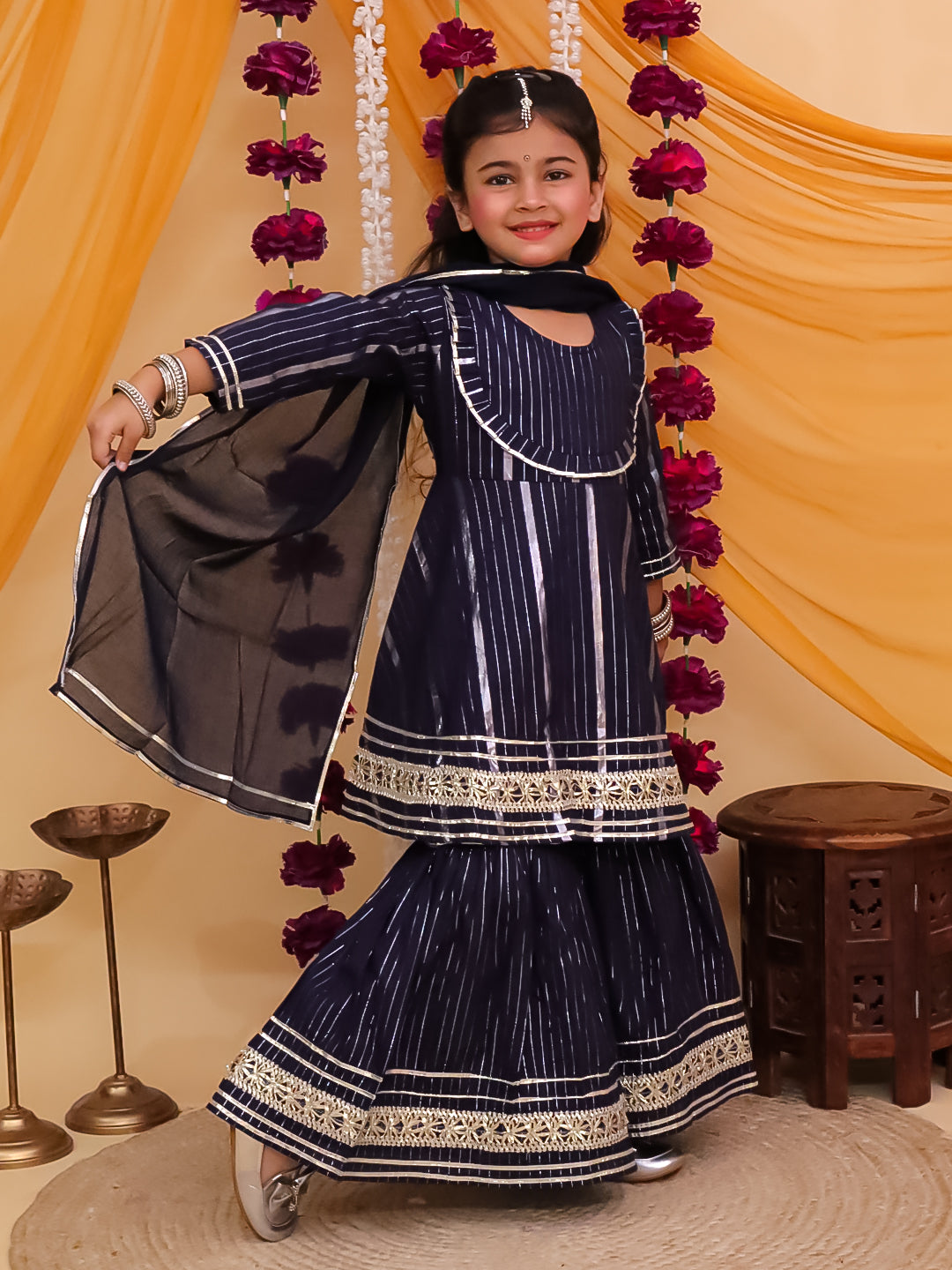 Girls Dark Blue Cotton Sleeveless Lurex and Gotta Work Girls Suit Set