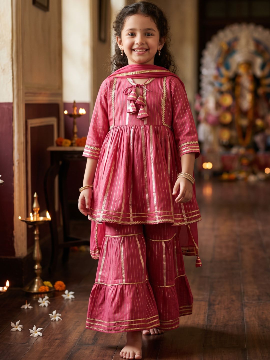 Maroon Cotton 3/4th Sleeves Lurex and Gotta Work Girls Suit Set