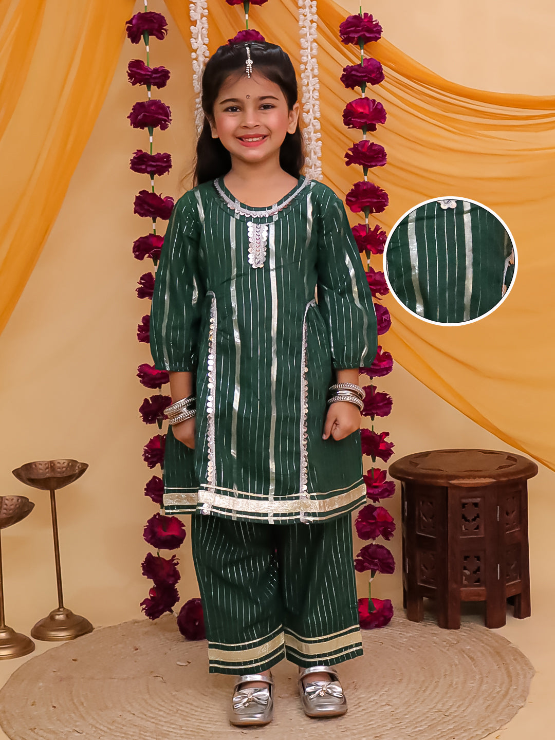 Dark Green Cotton Sleeveless Lurex and Gotta Work Girls Suit Set