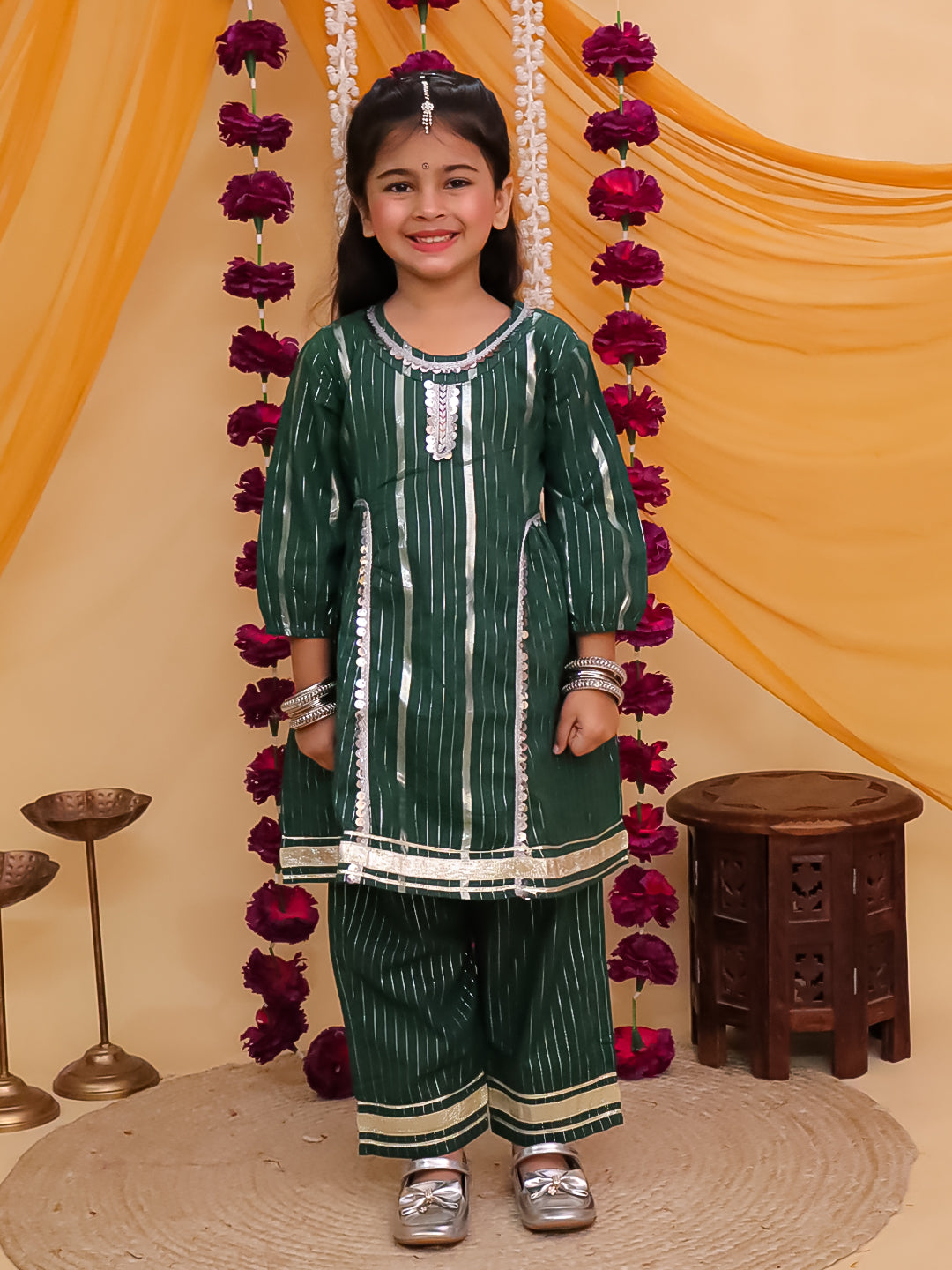 Dark Green Cotton Sleeveless Lurex and Gotta Work Girls Suit Set