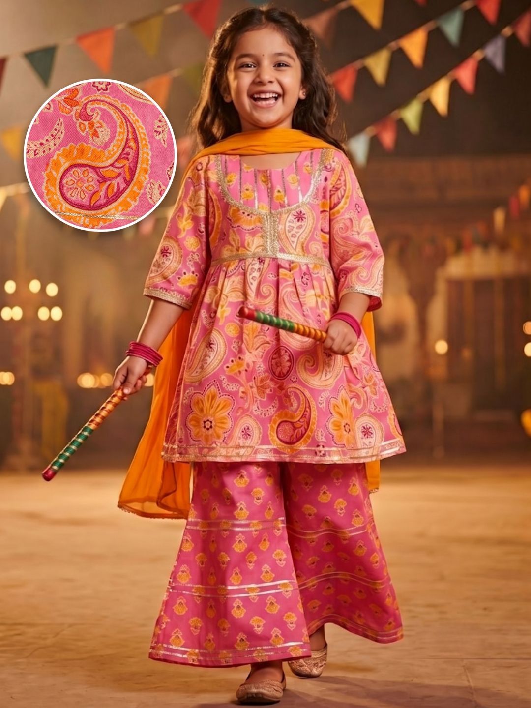 Girls Pink Cotton Three-Fourth Sleeves Floral Printed Girls Suit Set
