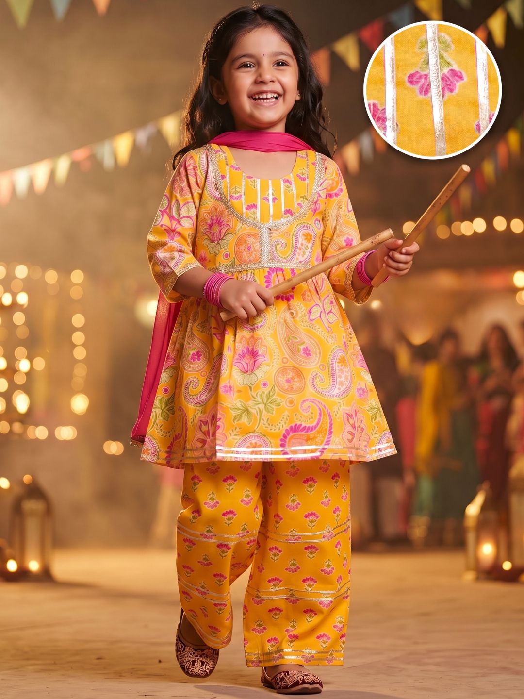 Girls Yellow Cotton Three-Fourth Sleeves Floral Printed Girls Suit Set