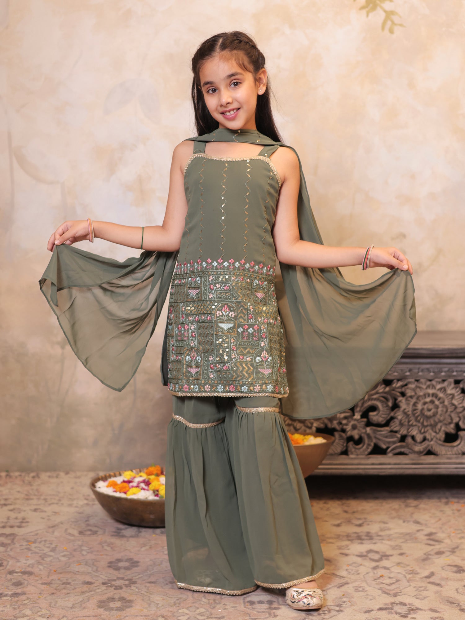 Girls Green Georgette Sleeveless Heavy Embroidered Girls Sharara Set