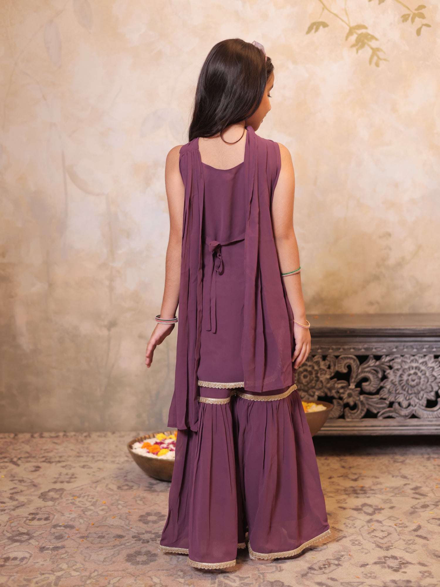 Girls Wine Georgette Sleeveless Heavy Embroidered Girls Sharara Set