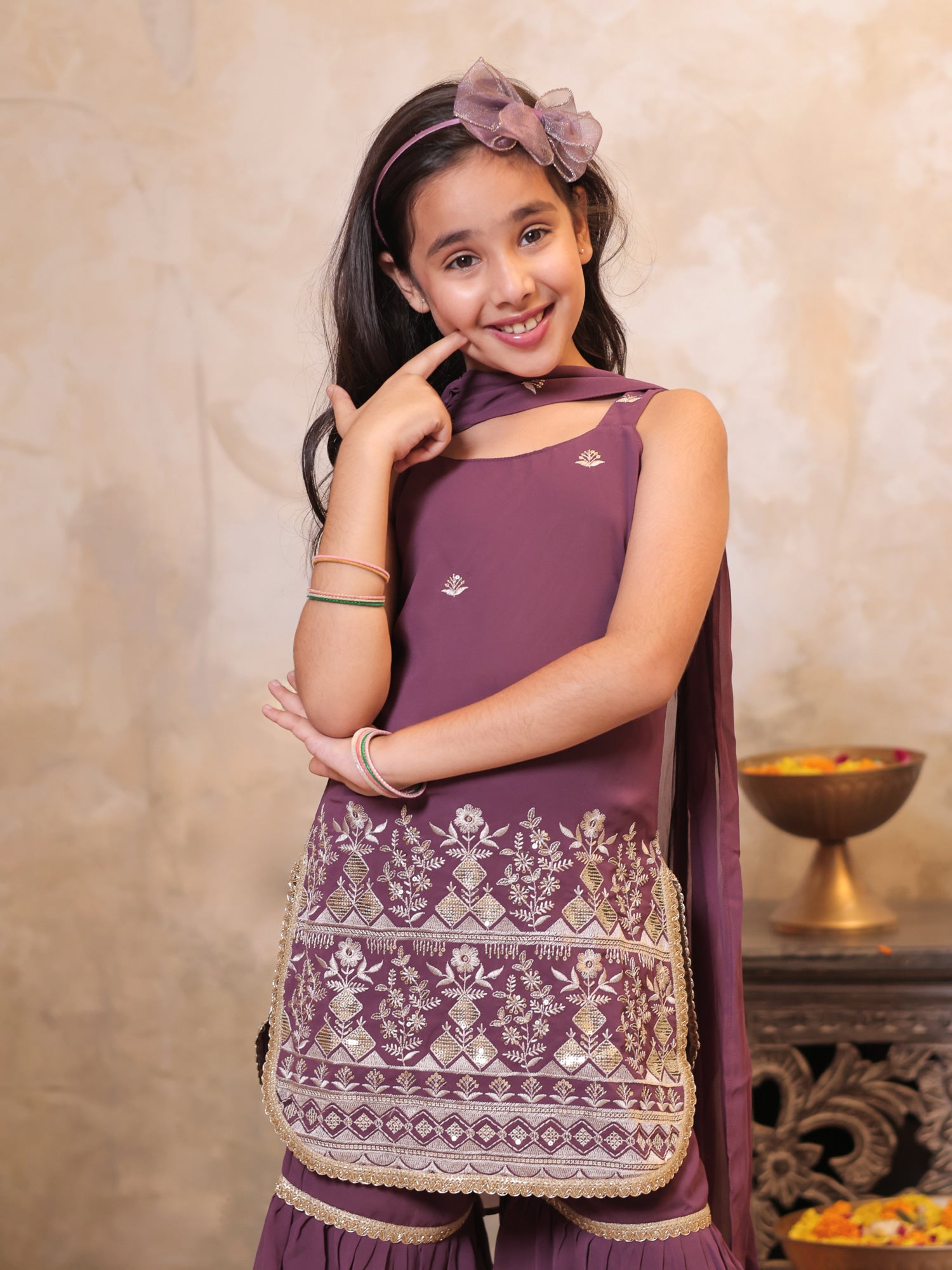 Girls Wine Georgette Sleeveless Heavy Embroidered Girls Sharara Set