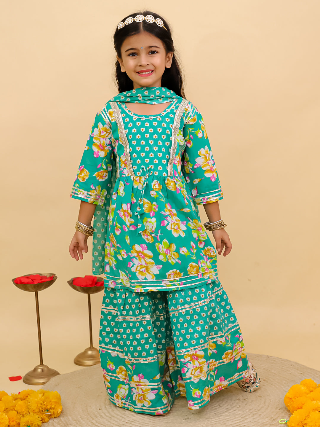 Green Cotton 3/4th Sleeves Floral Printed Girls Suit Set with Sequins Lace Work