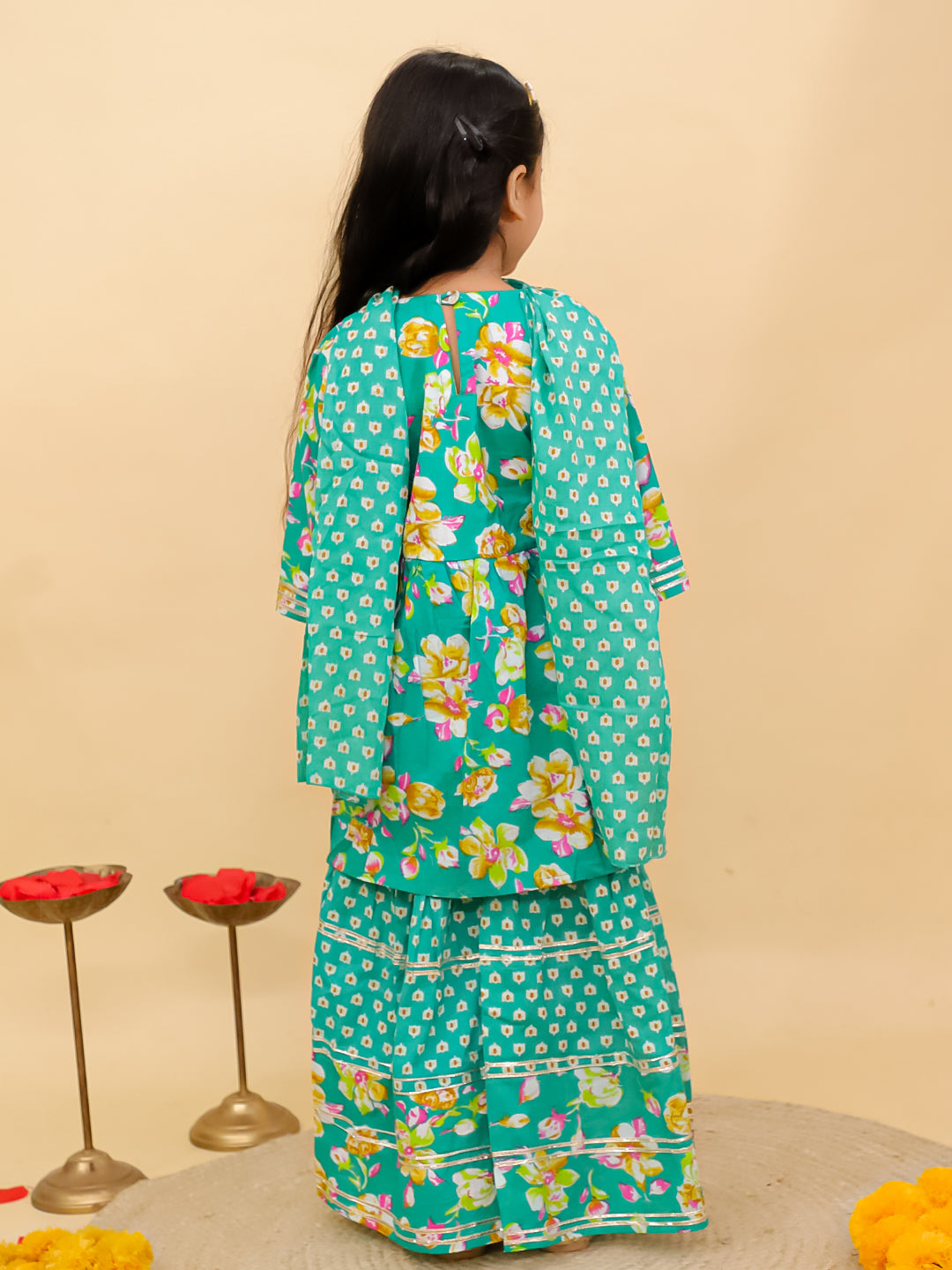 Green Cotton 3/4th Sleeves Floral Printed Girls Suit Set with Sequins Lace Work