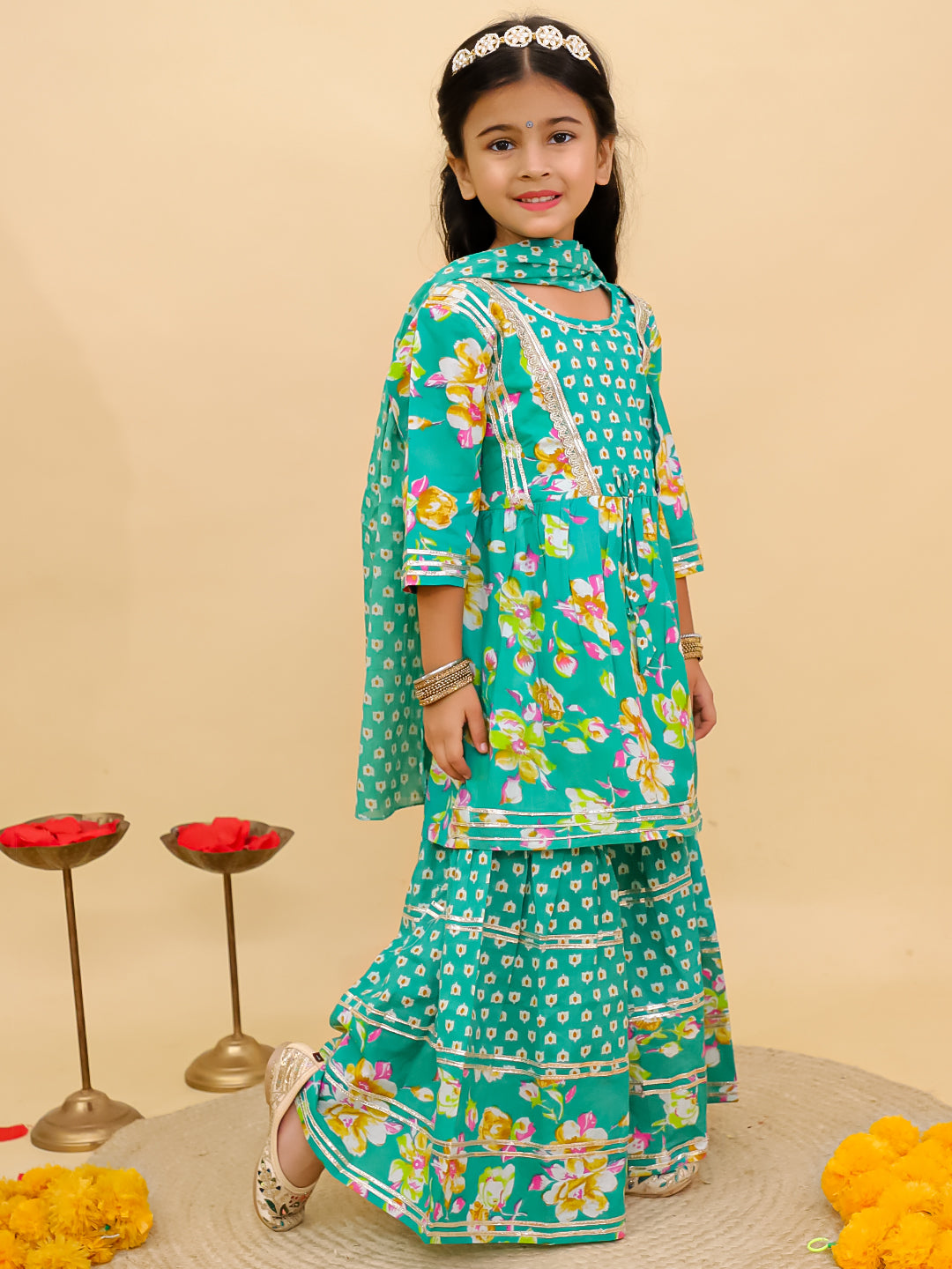 Green Cotton 3/4th Sleeves Floral Printed Girls Suit Set with Sequins Lace Work