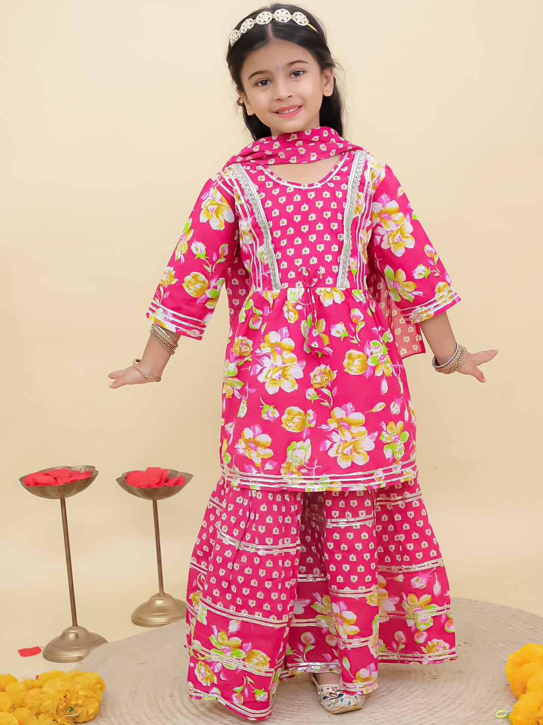 Pink Cotton 3/4th Sleeves Floral Printed Girls Suit Set with Sequins Lace Work