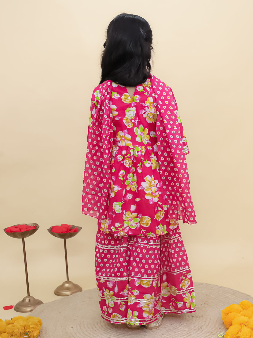 Pink Cotton 3/4th Sleeves Floral Printed Girls Suit Set with Sequins Lace Work