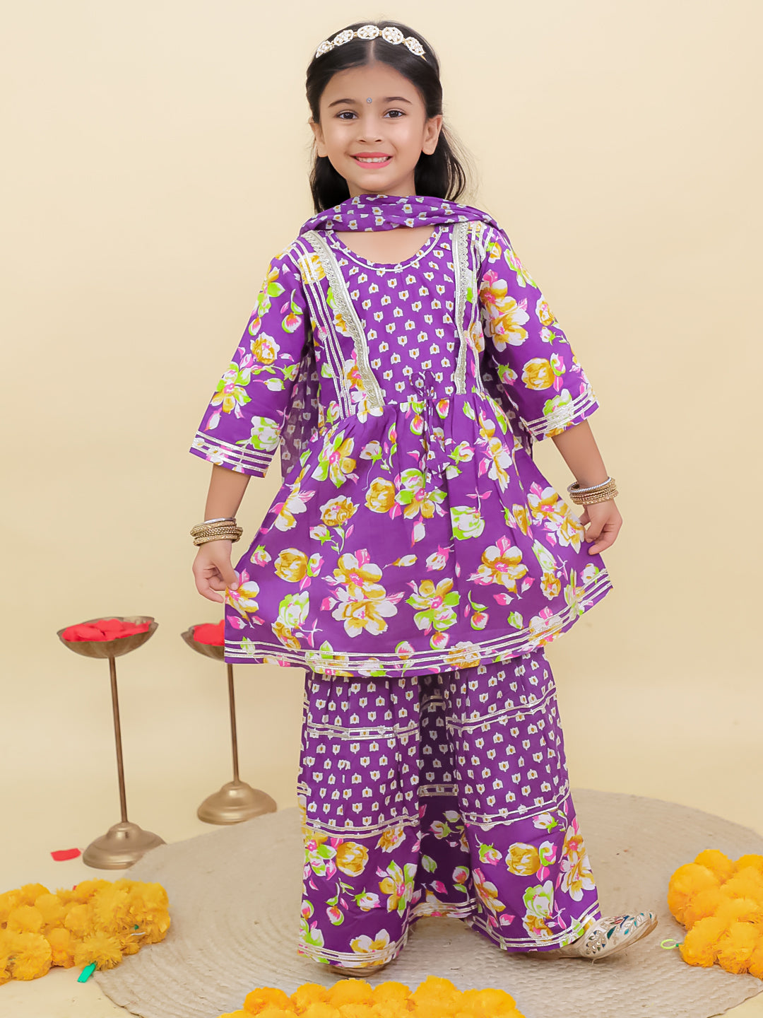 Purple Cotton 3/4th Sleeves Floral Printed Girls Suit Set with Sequins Lace Work