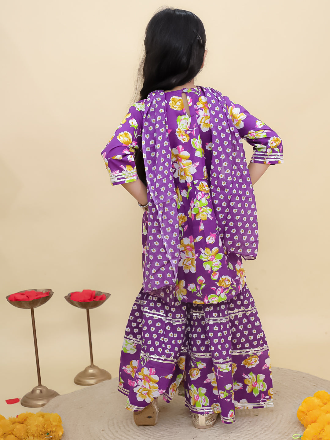 Purple Cotton 3/4th Sleeves Floral Printed Girls Suit Set with Sequins Lace Work