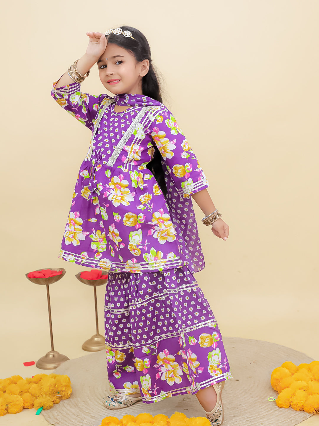 Purple Cotton 3/4th Sleeves Floral Printed Girls Suit Set with Sequins Lace Work